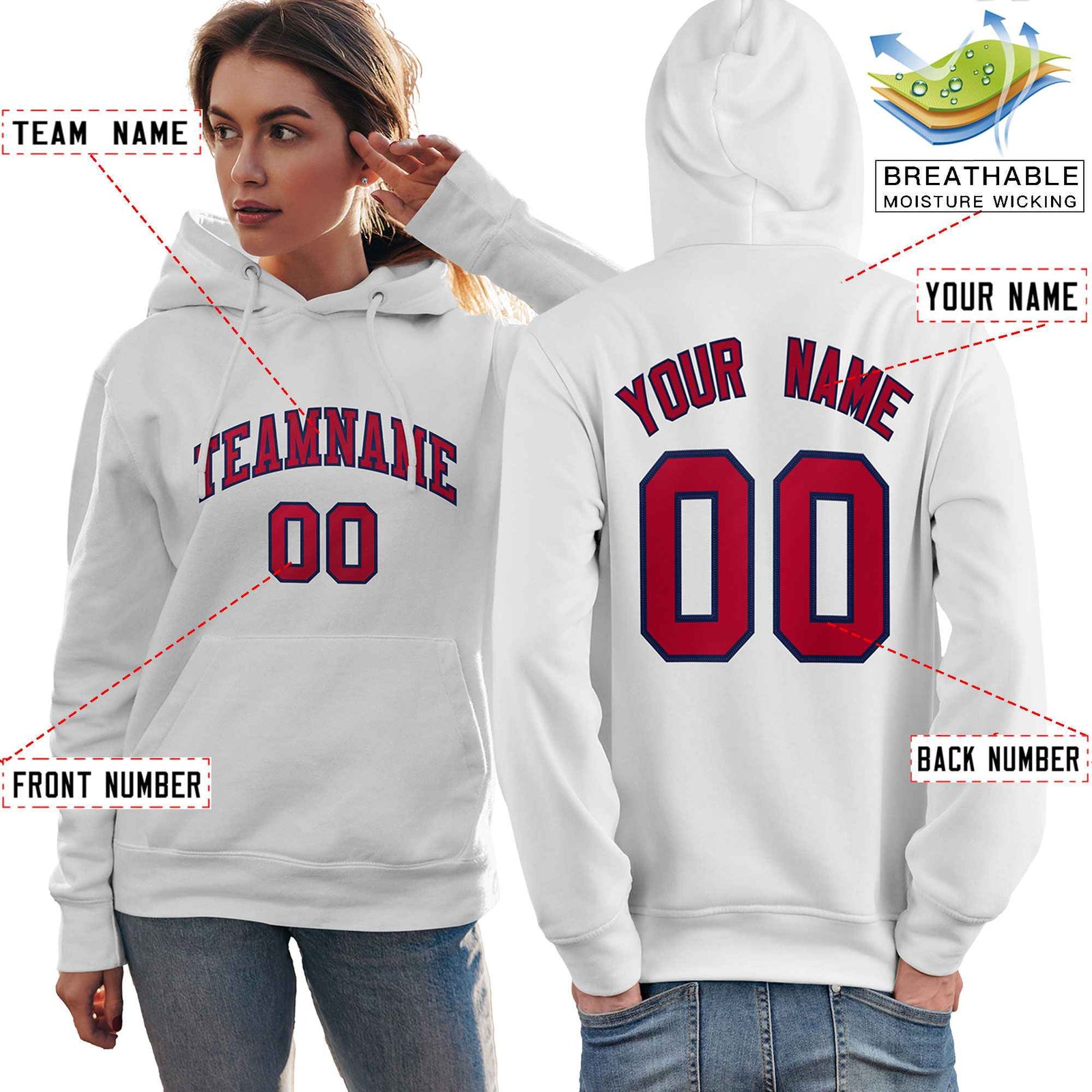 Custom White Red-Navy Classic Style Personalized Sport Pullover Hoodie