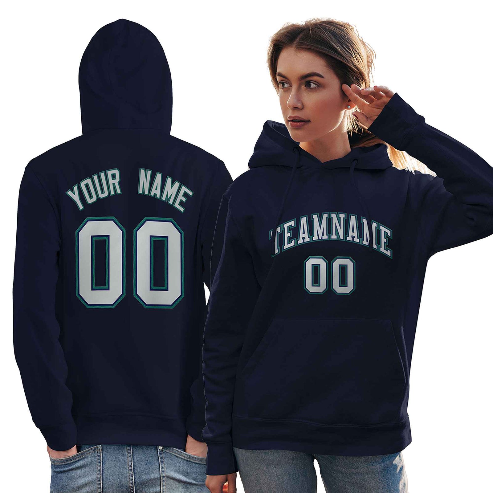 Custom Navy Gray-Aqua Classic Style Personalized Sport Pullover Hoodie