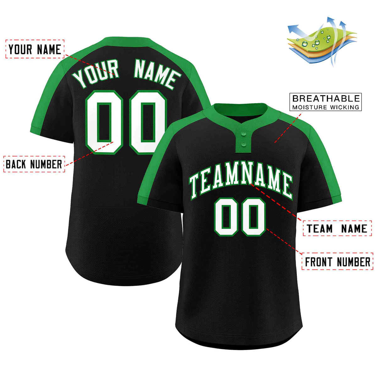 Custom Black White-Kelly Green Classic Style Authentic Two-Button Softball Jersey