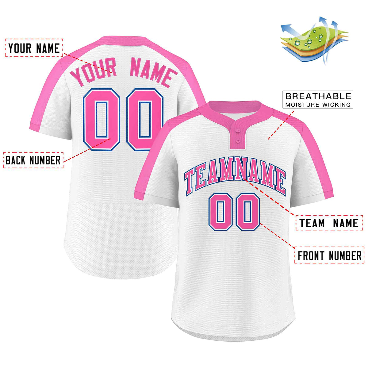 Custom White Pink-White Classic Style Authentic Two-Button Softball Jersey