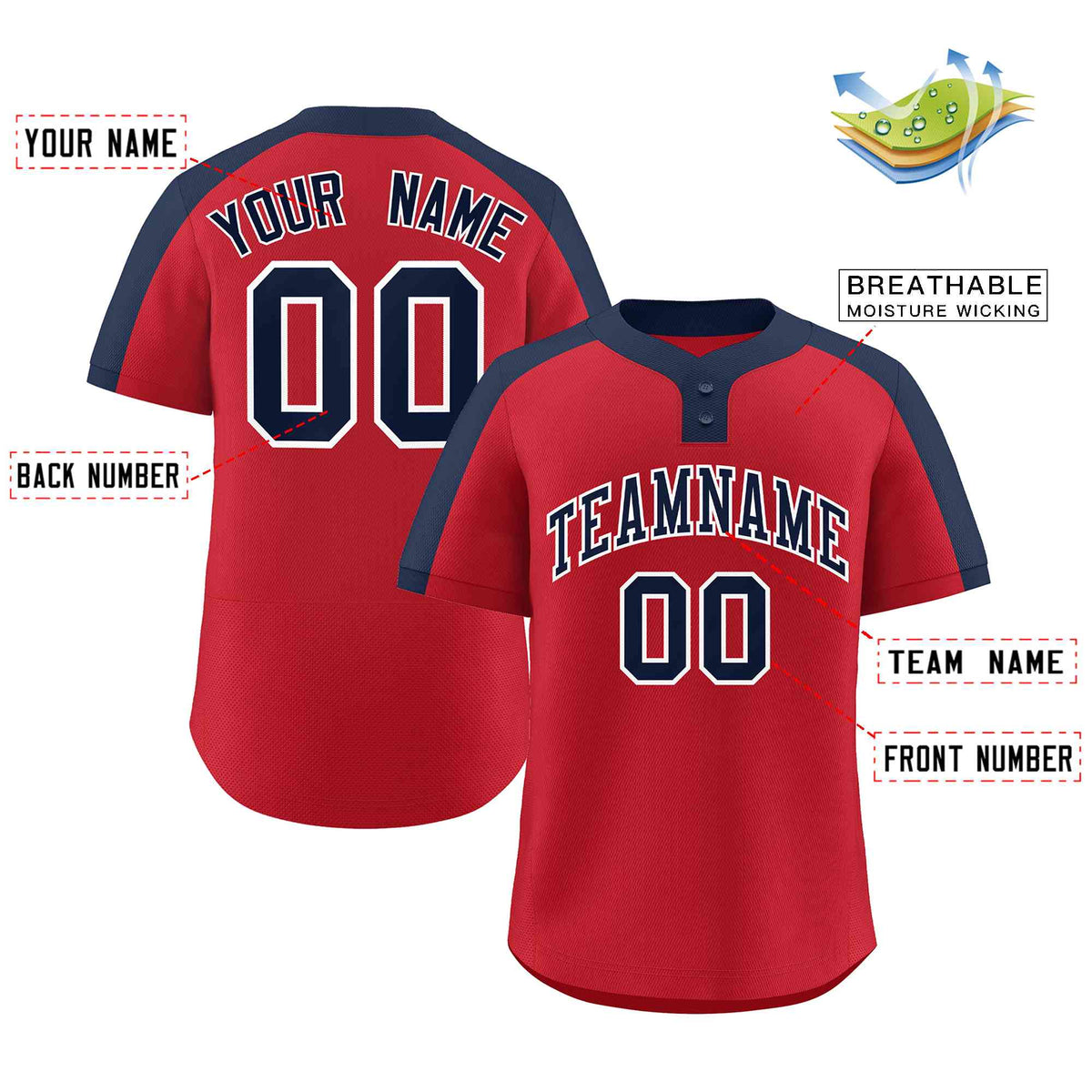 Custom Red Navy-White Classic Style Authentic Two-Button Softball Jersey