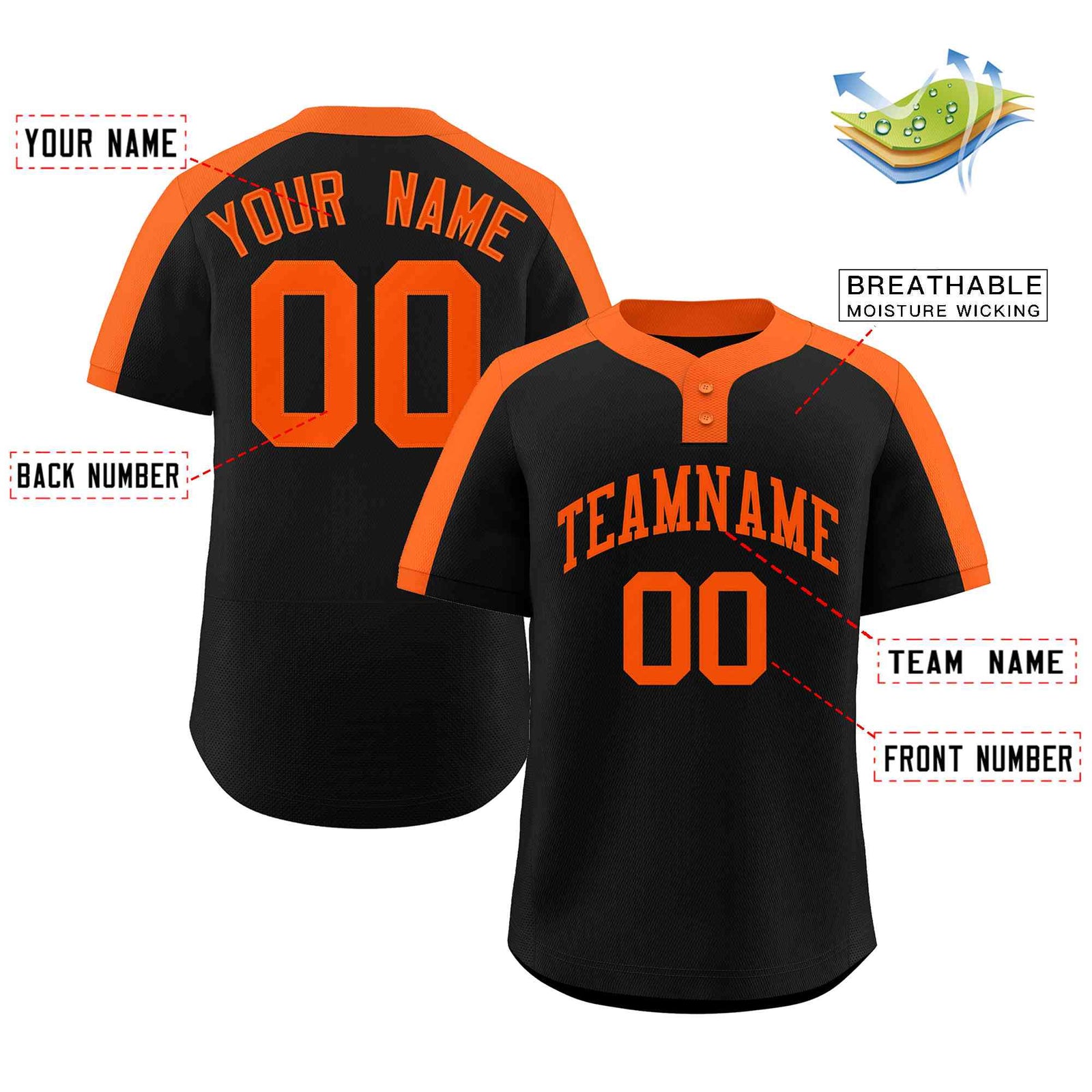 Custom Black Orange Classic Style Authentic Two-Button Softball Jersey