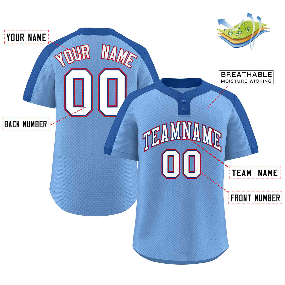 Custom Light Blue White-Royal Classic Style Authentic Two-Button Softball Jersey
