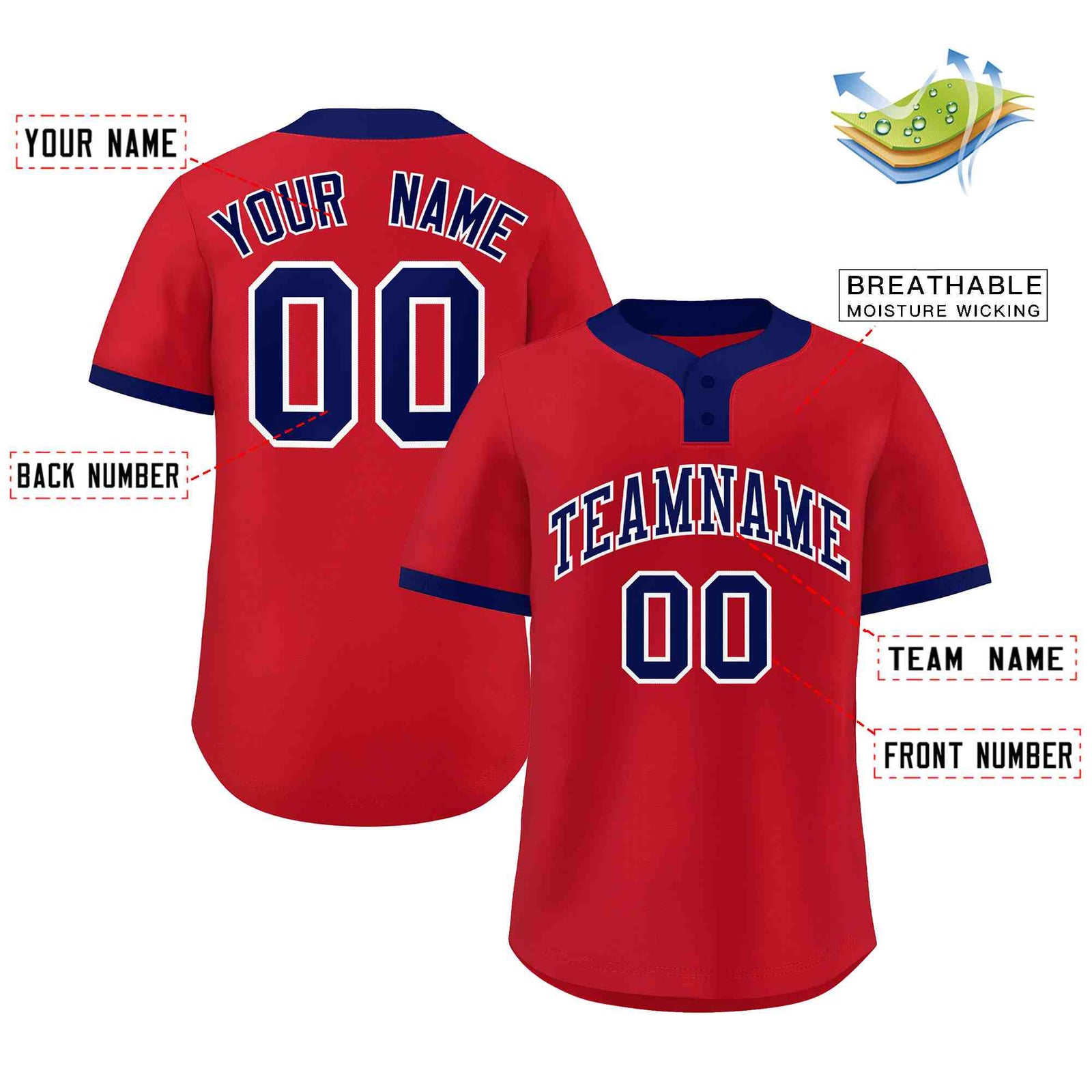 Custom Red Blue-White Classic Style Authentic Two-Button Softball Jersey