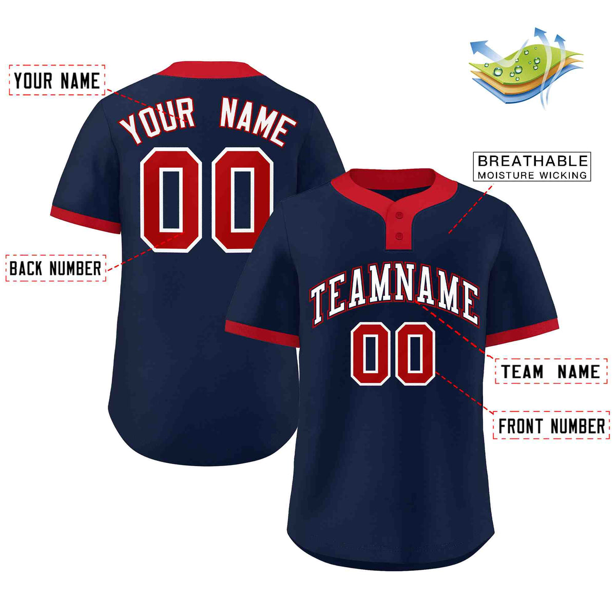Custom Navy White-Red Classic Style Authentic Two-Button Softball Jersey