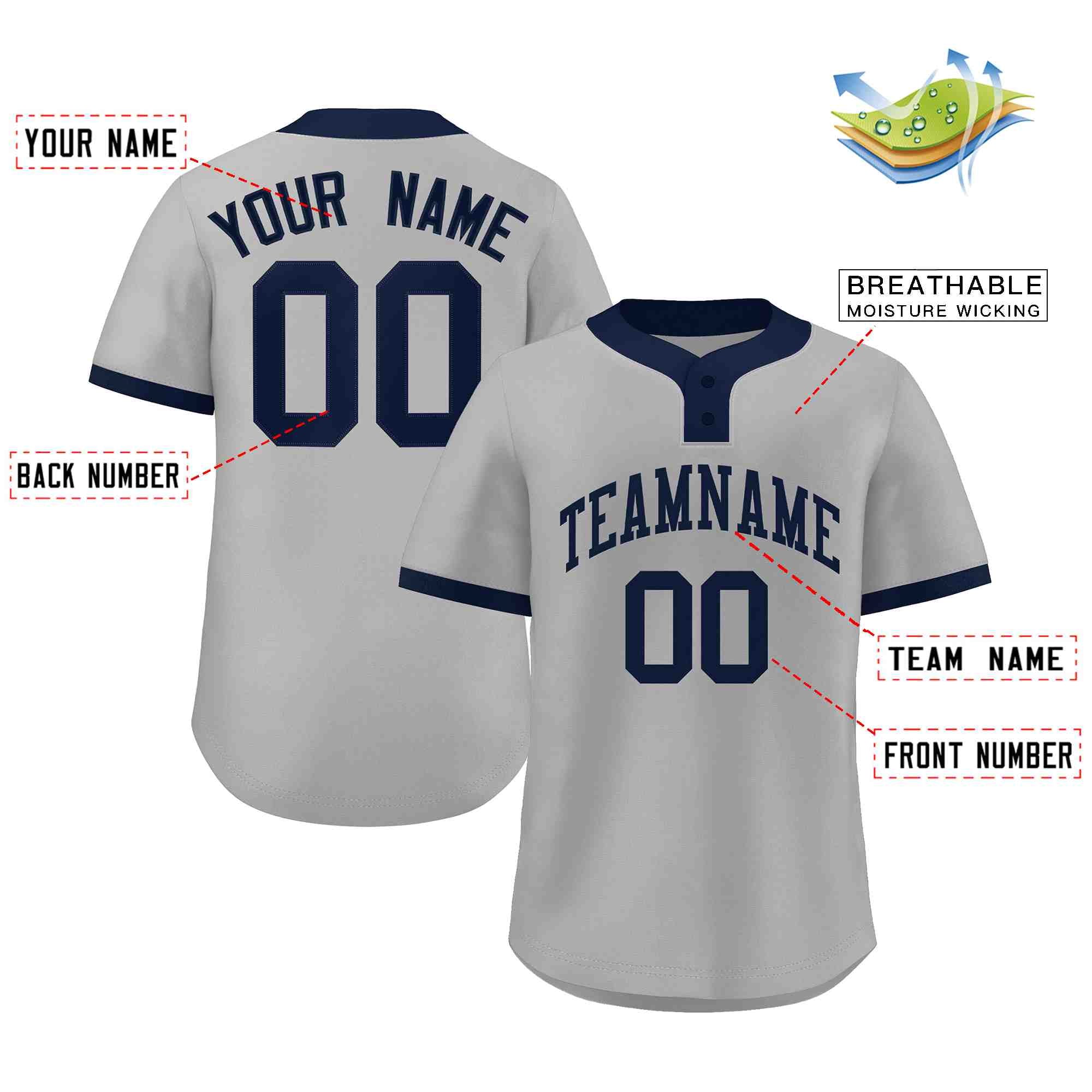 Custom Gray Navy Classic Style Authentic Two-Button Softball Jersey