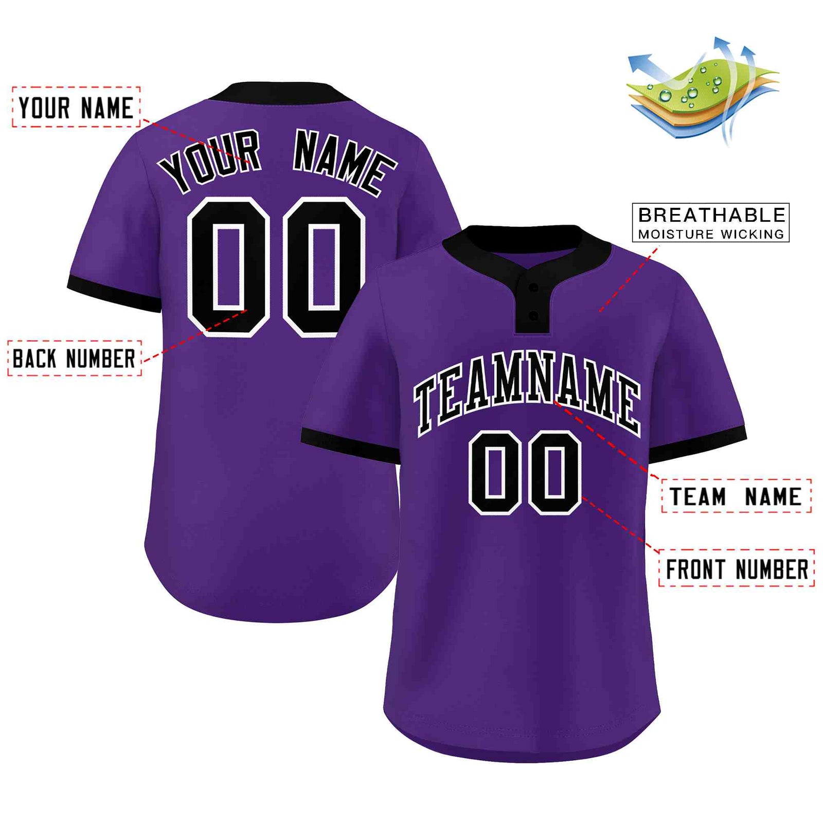 Custom Purple Black-White Classic Style Authentic Two-Button Softball Jersey