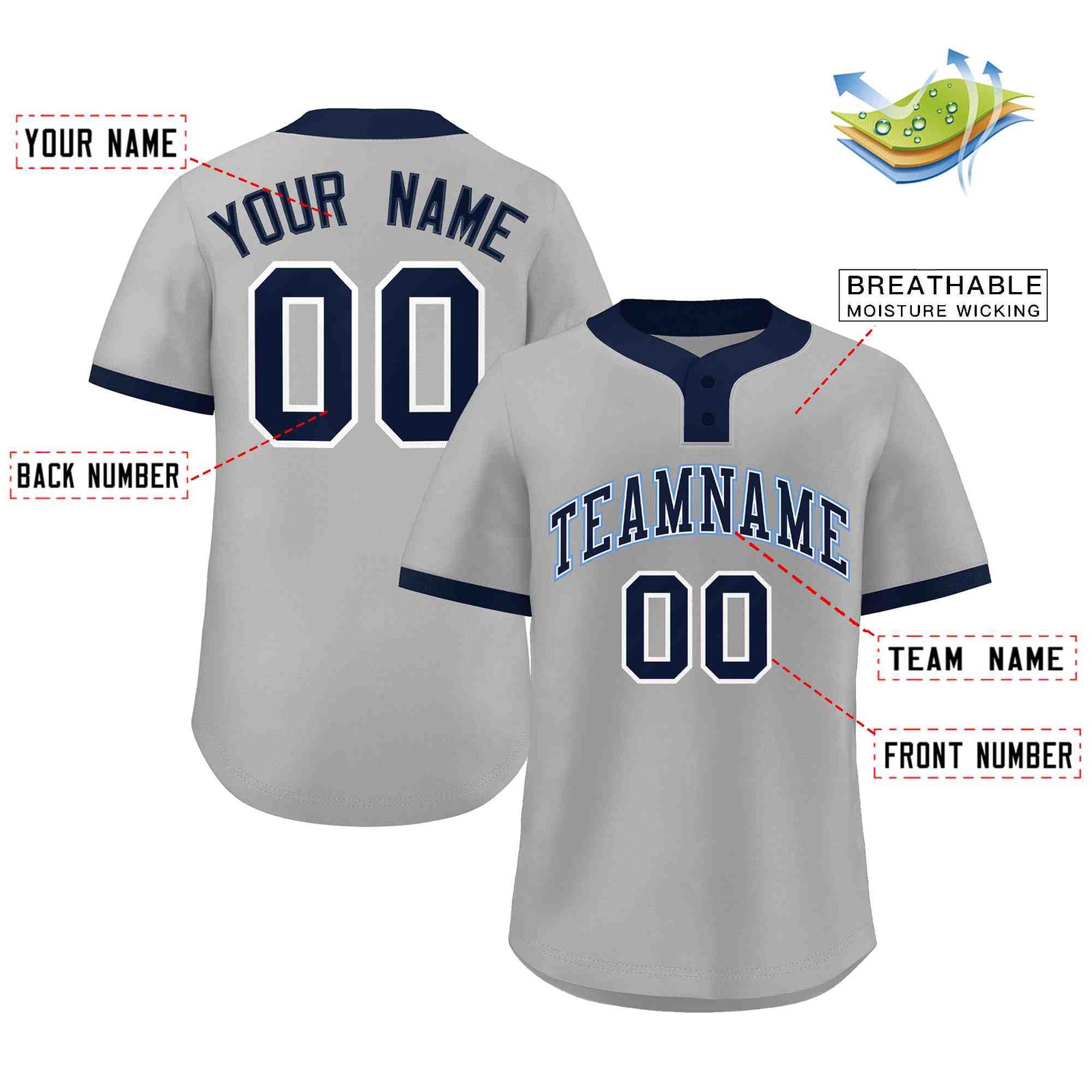 Custom Gray Navy-Light Blue Classic Style Authentic Two-Button Softball Jersey