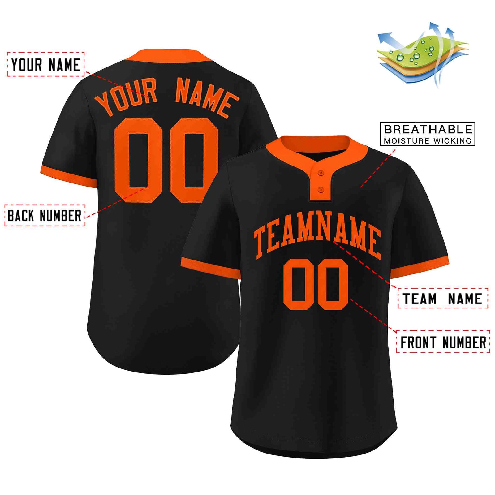 Custom Black Orange Classic Style Authentic Two-Button Softball Jersey