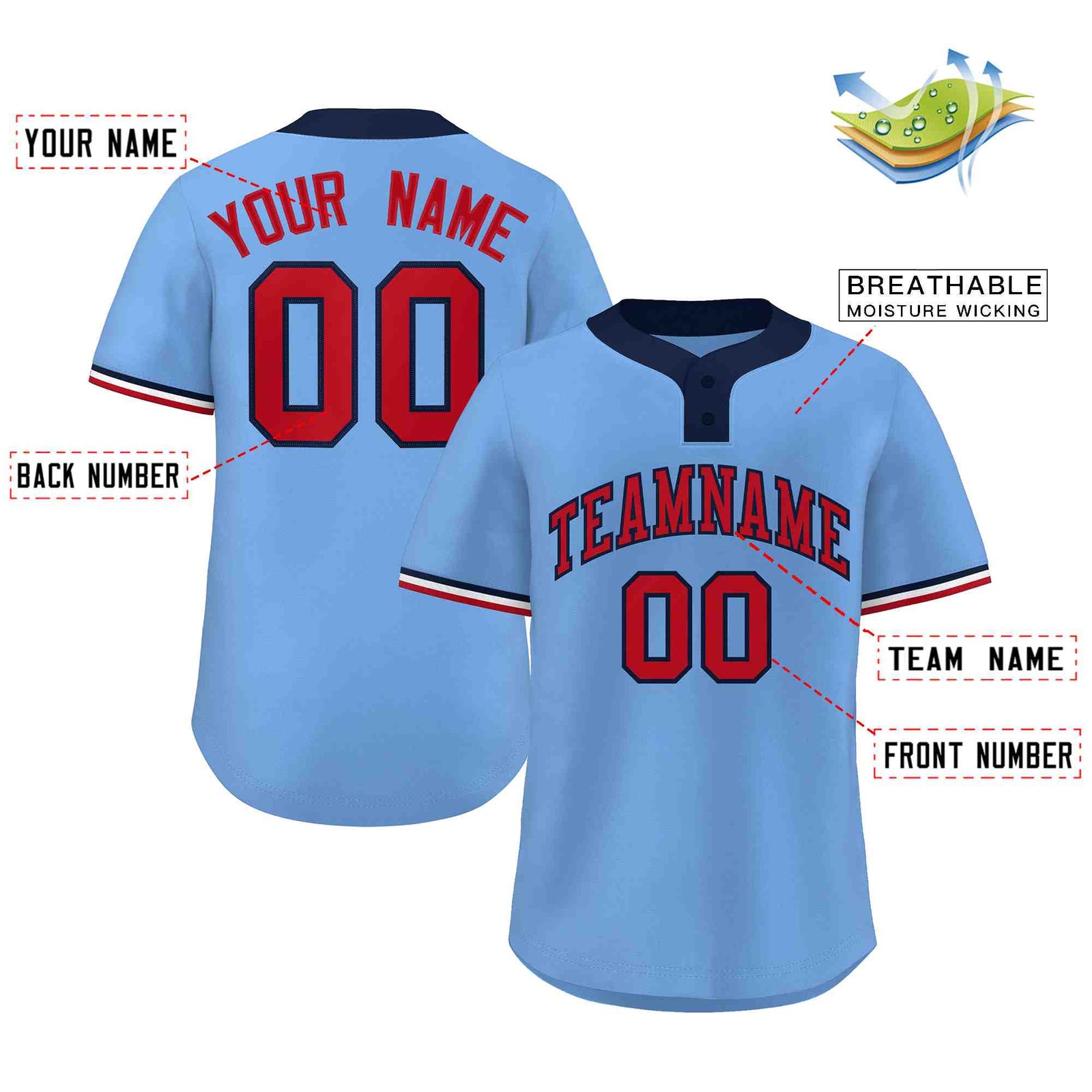 Custom Light Blue Red-Navy Classic Style Authentic Two-Button Softball Jersey