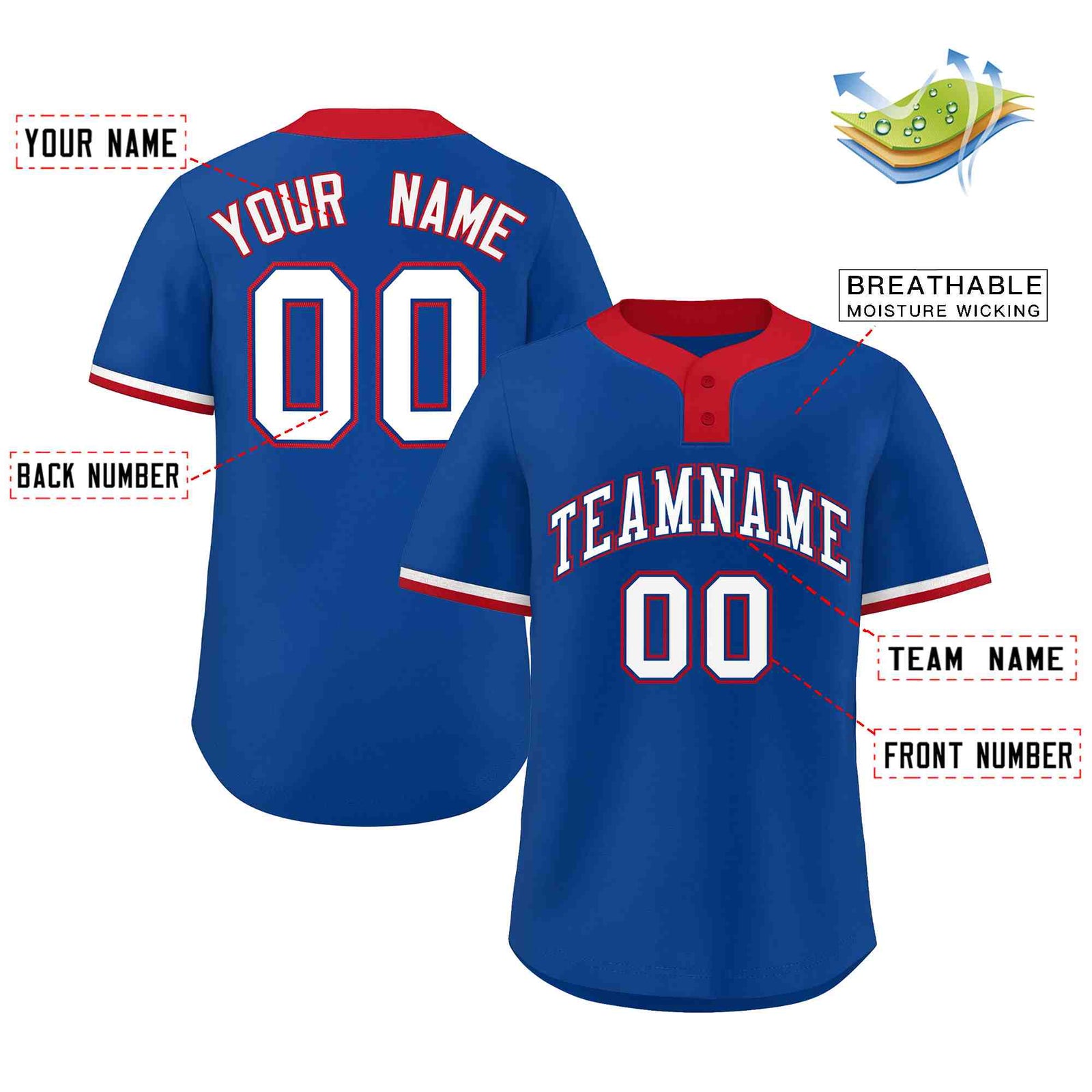 Custom Royal White-Red Classic Style Authentic Two-Button Softball Jersey