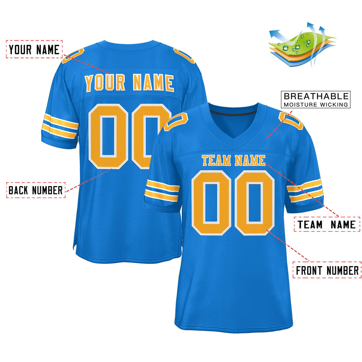 Custom Powder Blue Gold-White Classic Style Mesh Authentic Football Jersey