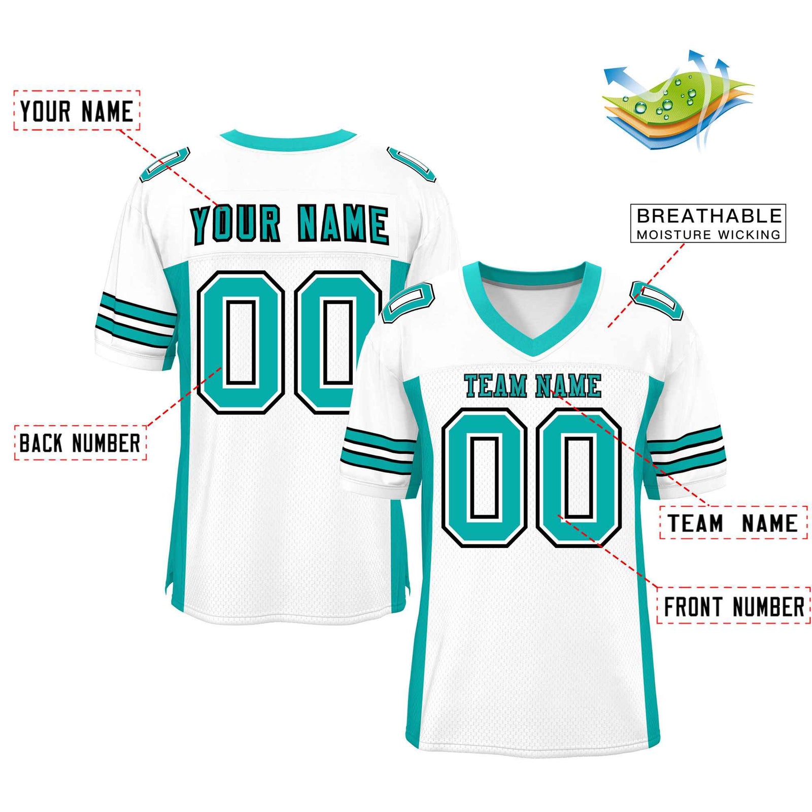 Custom White Aqua Insert Color Design Mesh Authentic Football Jersey