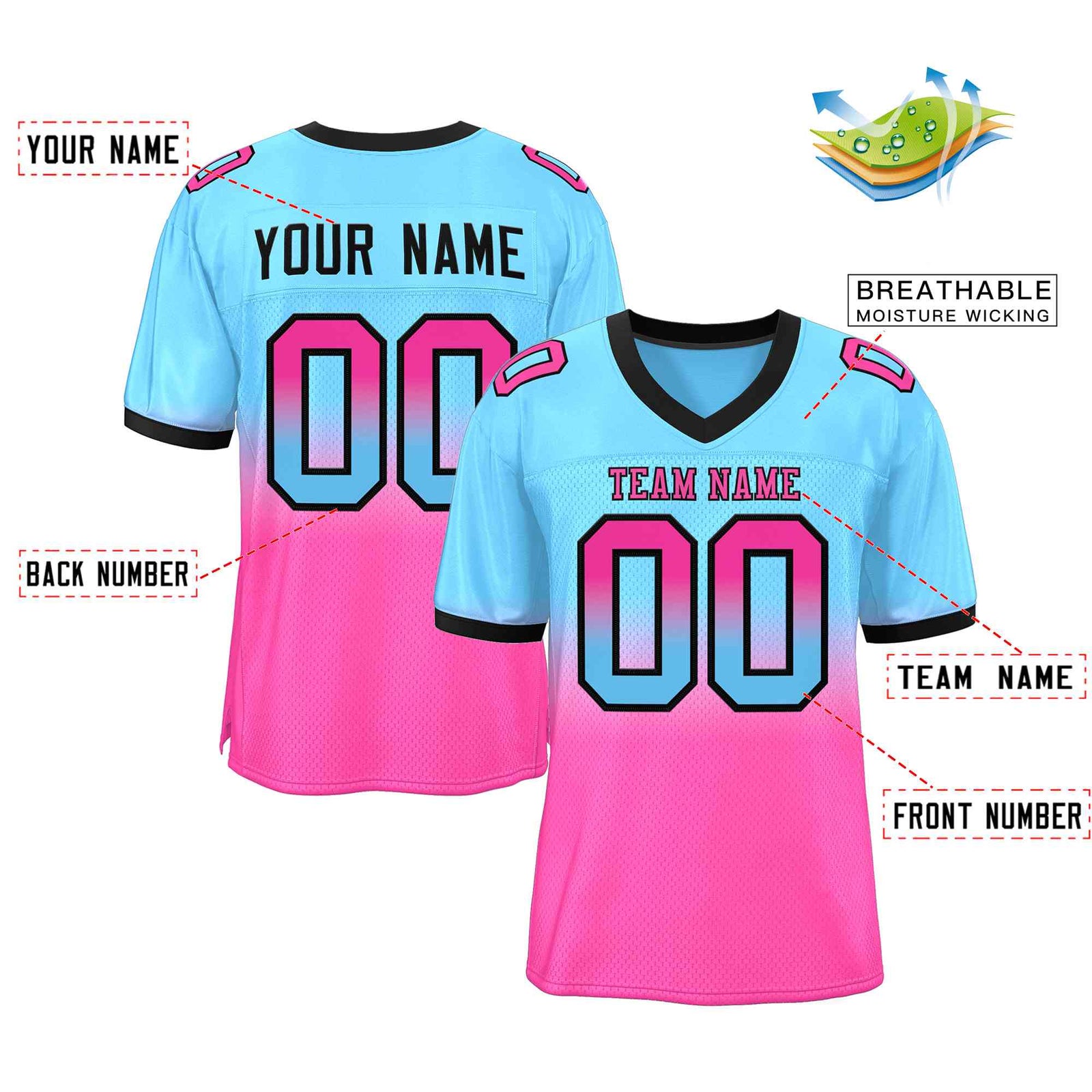 Custom Light Blue Pink-Black Gradient Fashion Outdoor Authentic Football Jersey
