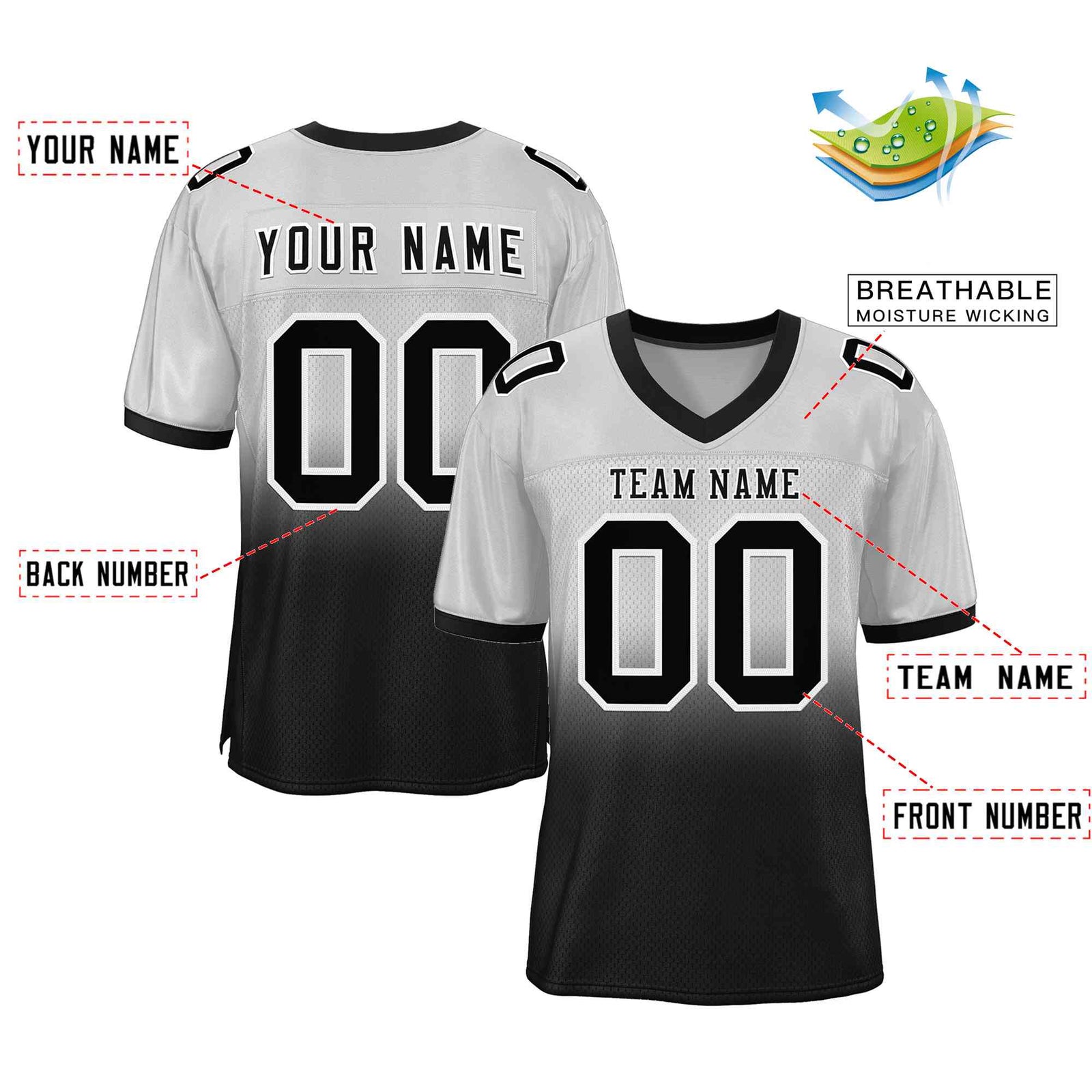custom silver and black gradient football jerseys