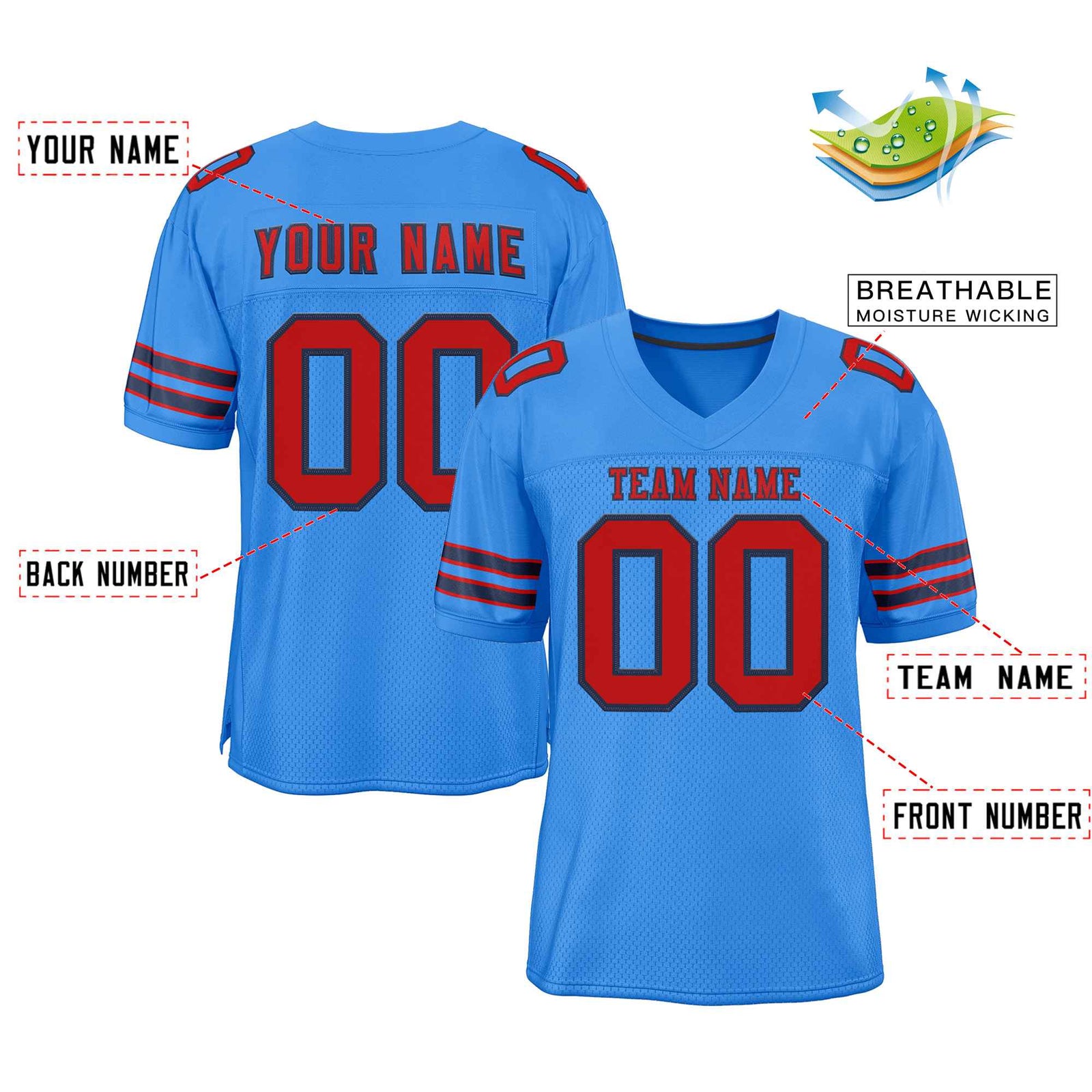 Custom Powder Blue Red-Navy Classic Style Authentic Football Jersey