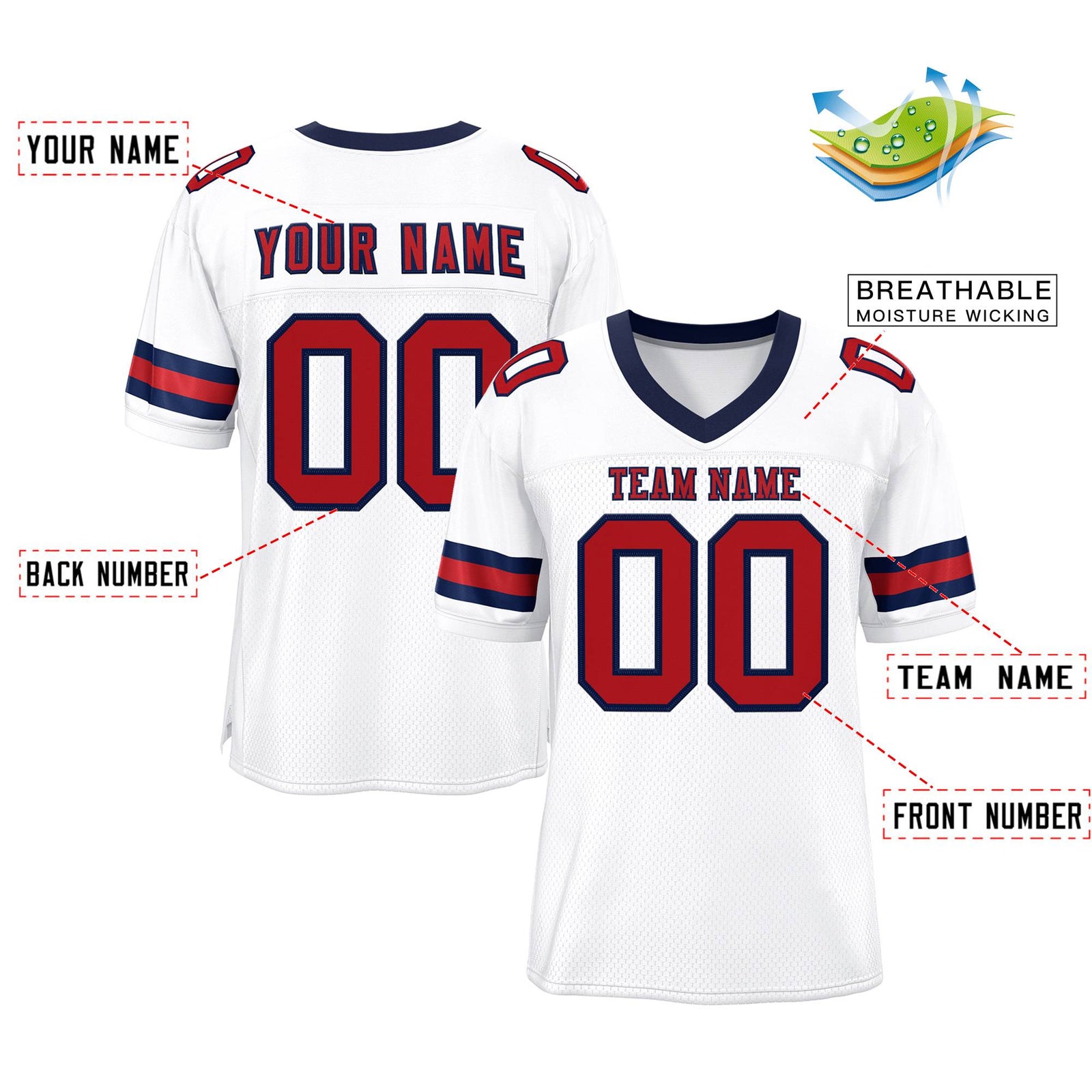 Custom White Red-Navy Classic Style Mesh Authentic Football Jersey