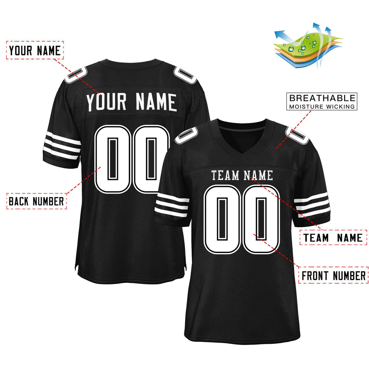 Custom Black White Classic Style Mesh Authentic Football Jersey