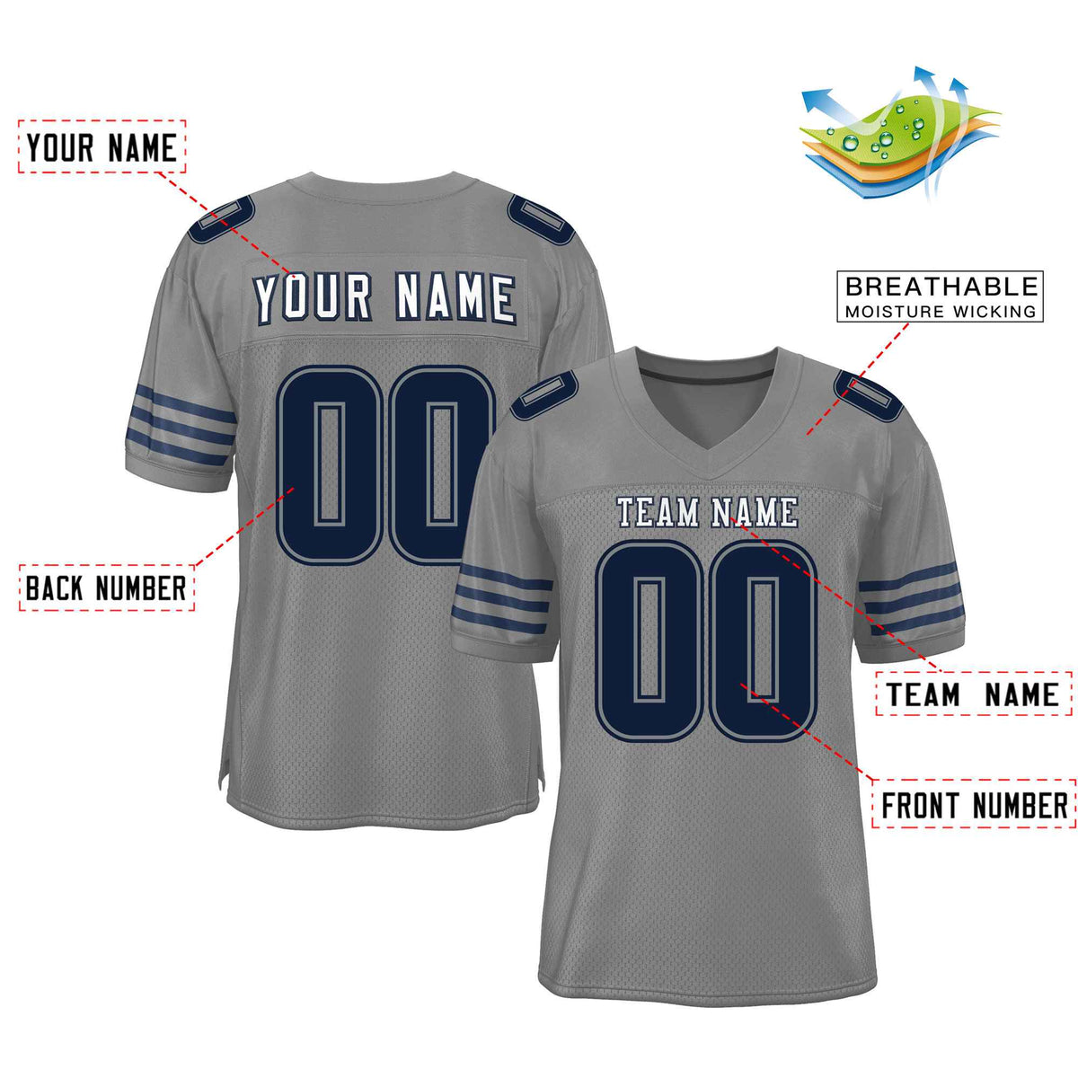 Custom Gray Navy-White Classic Style Mesh Authentic Football Jersey