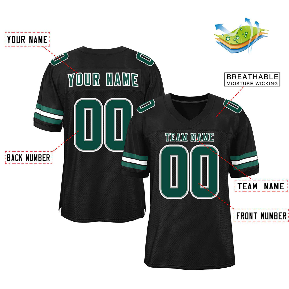 Custom Black Midnight Green-White Classic Style Mesh Authentic Football Jersey