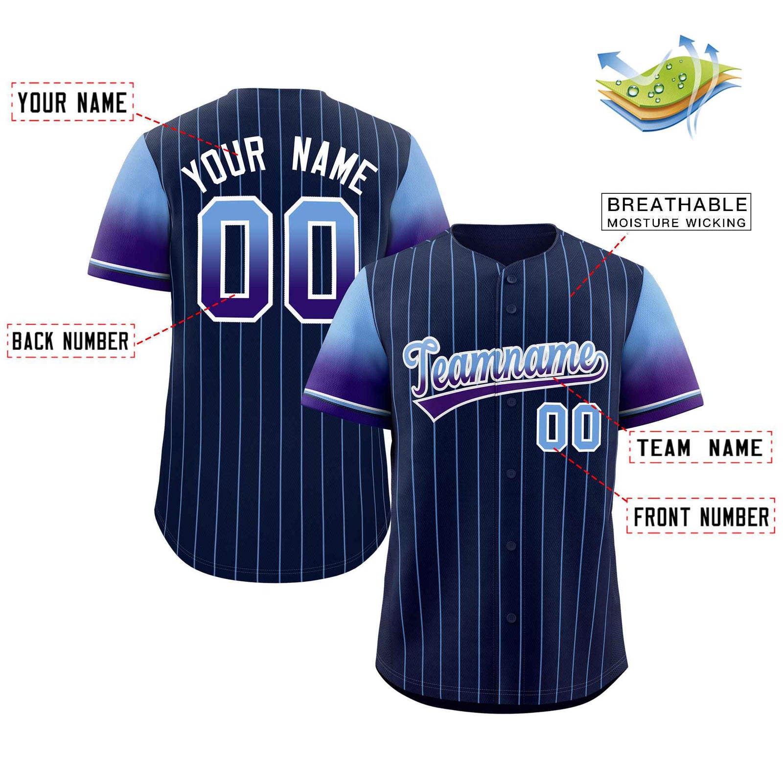 Custom Navy Powder Blue Purple-White Stripe Font Gradient Fashion Authentic Baseball Jersey