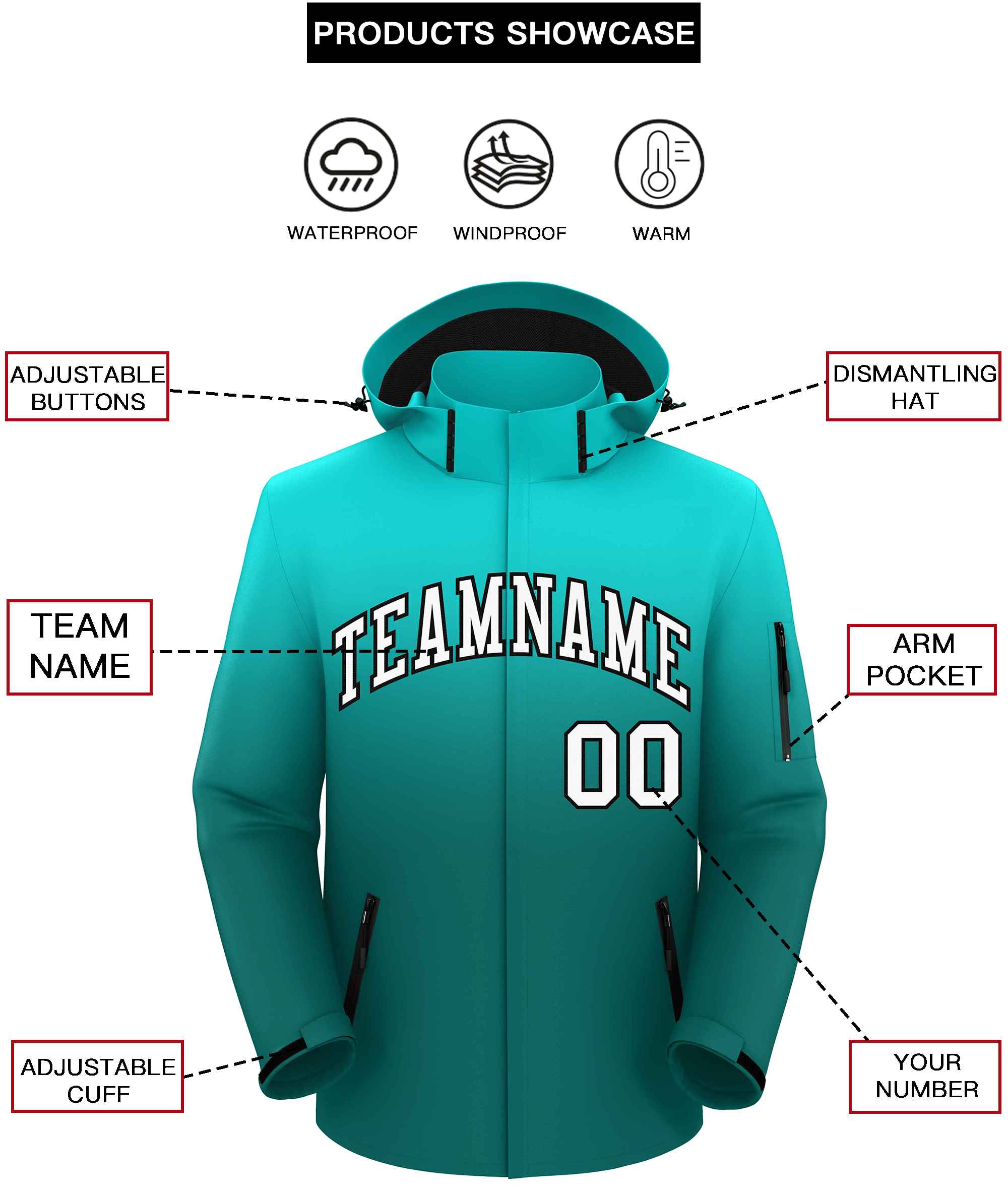 Custom Light Green Aqua Gradient Fashion Outdoor Hooded Waterproof Jacket