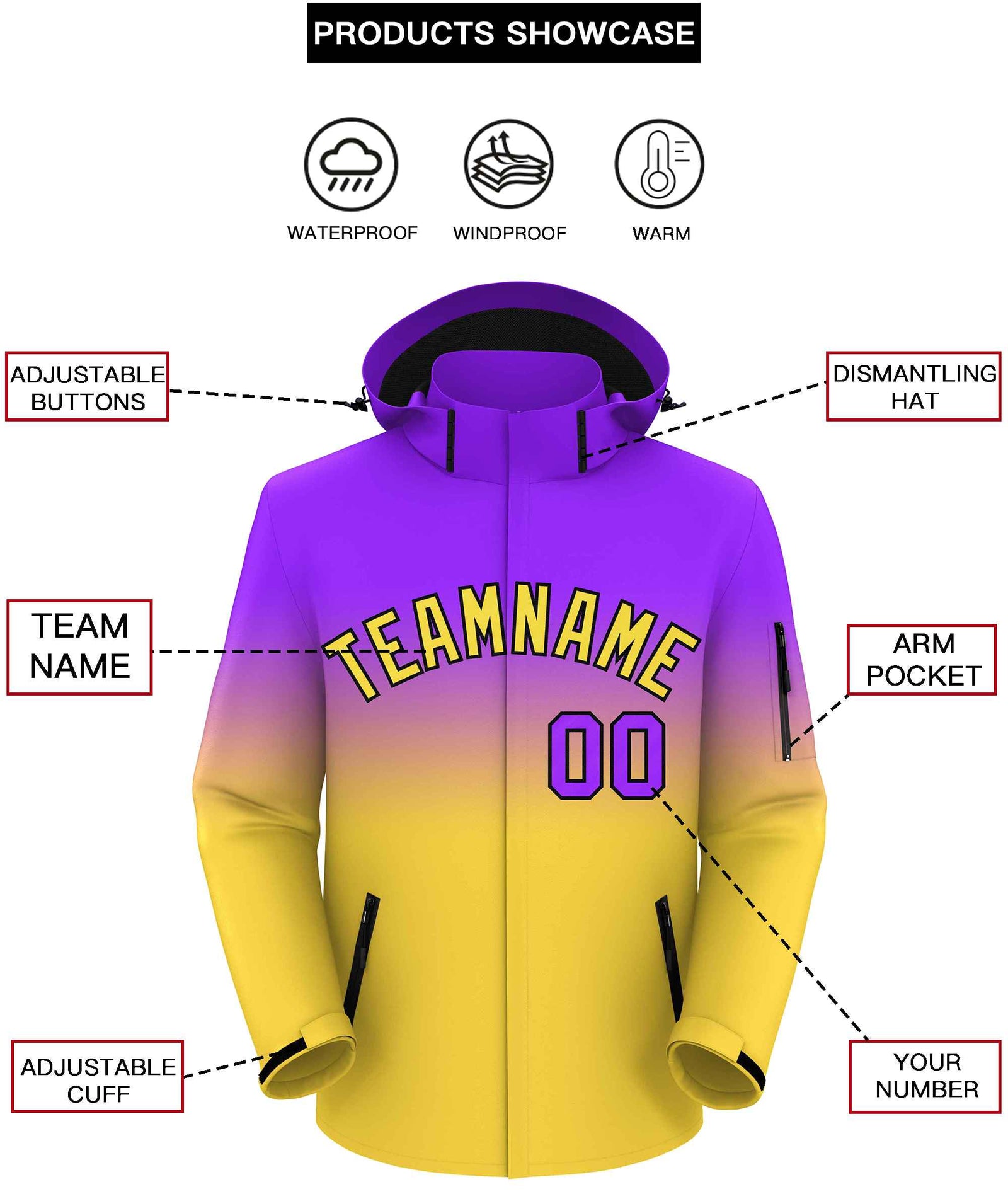 Custom Purple Yellow Gradient Fashion Outdoor Hooded Waterproof Jacket