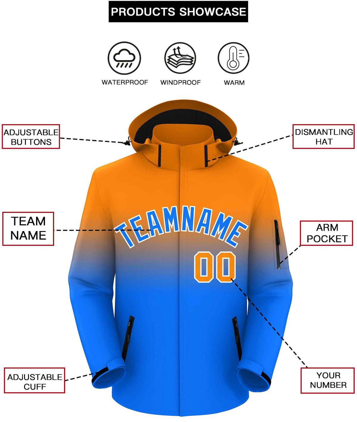 Custom Orange Blue Gradient Fashion Outdoor Hooded Waterproof Jacket