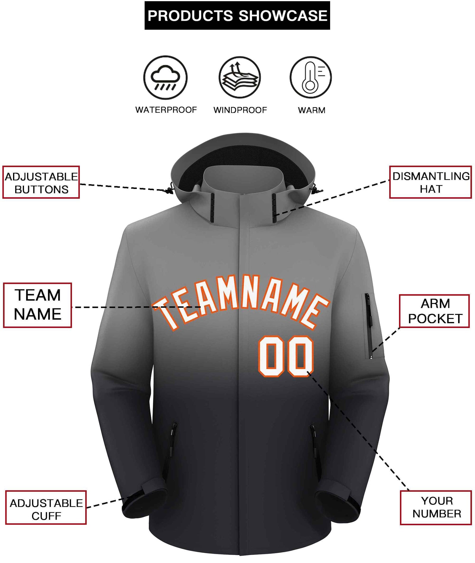 Custom Gray Dark Gray Gradient Fashion Outdoor Hooded Waterproof Jacket