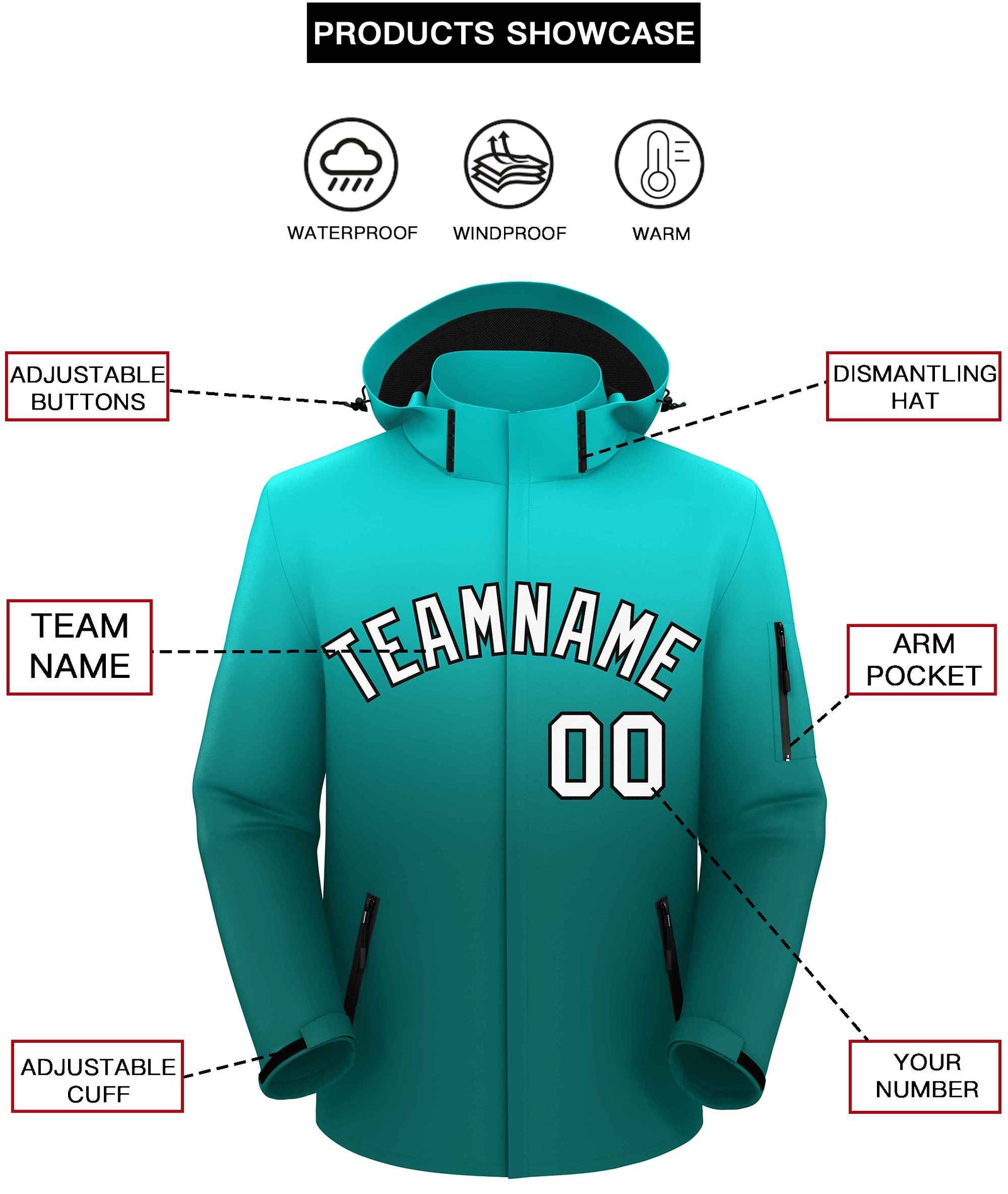 Custom Light Green Aqua Gradient Fashion Outdoor Hooded Waterproof Jacket