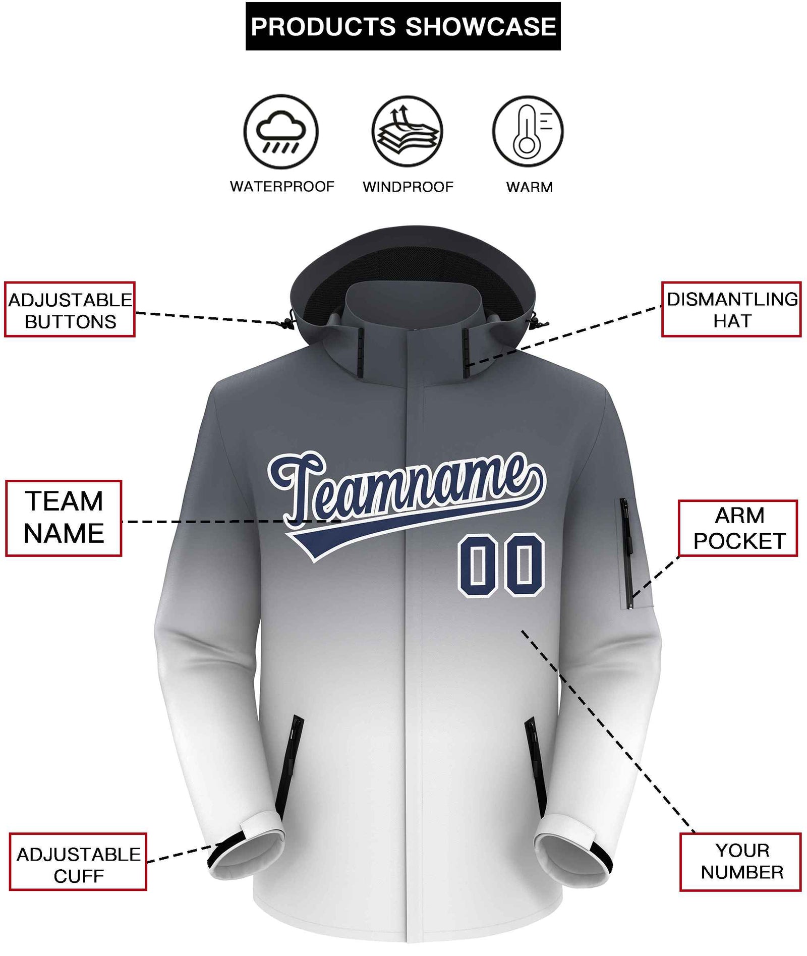 Custom Dark Gray White Gradient Fashion Outdoor Hooded Waterproof Jacket