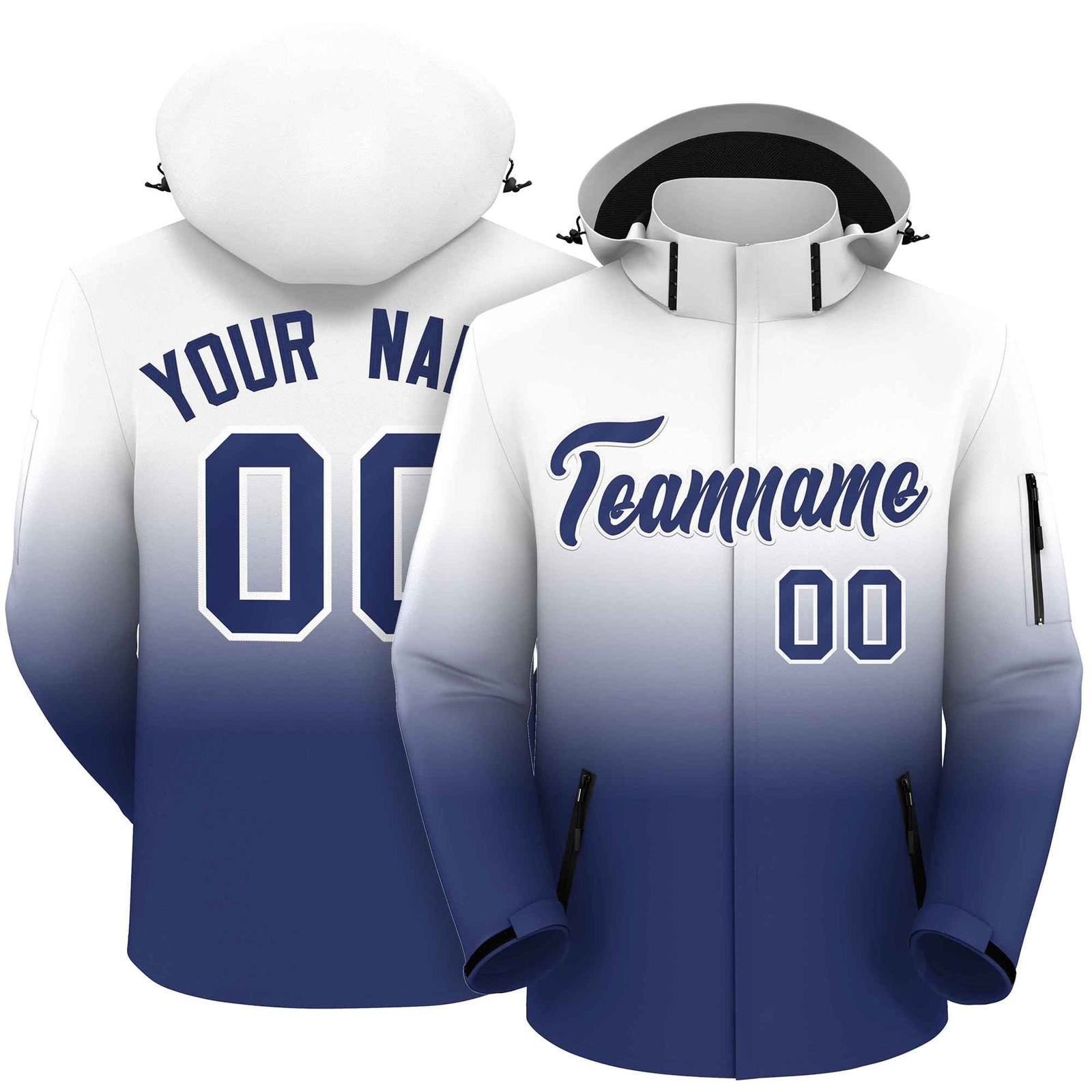 Custom White Blue Gradient Fashion Outdoor Hooded Waterproof Jacket