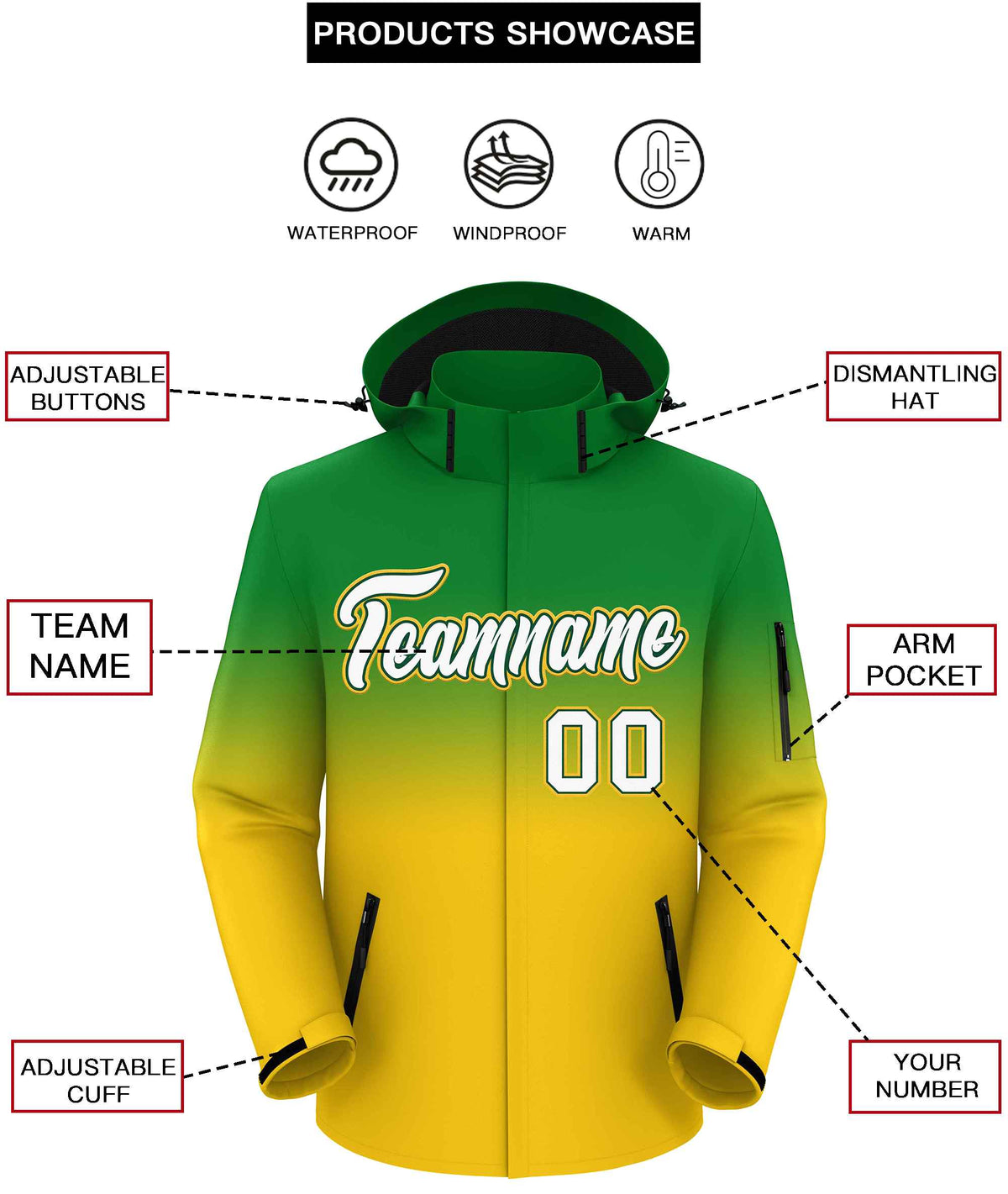 Custom Kelly Green Gold Gradient Fashion Outdoor Hooded Waterproof Jacket