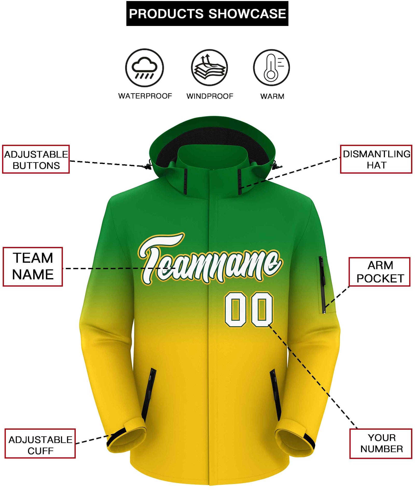 Custom Kelly Green Gold Gradient Fashion Outdoor Hooded Waterproof Jacket