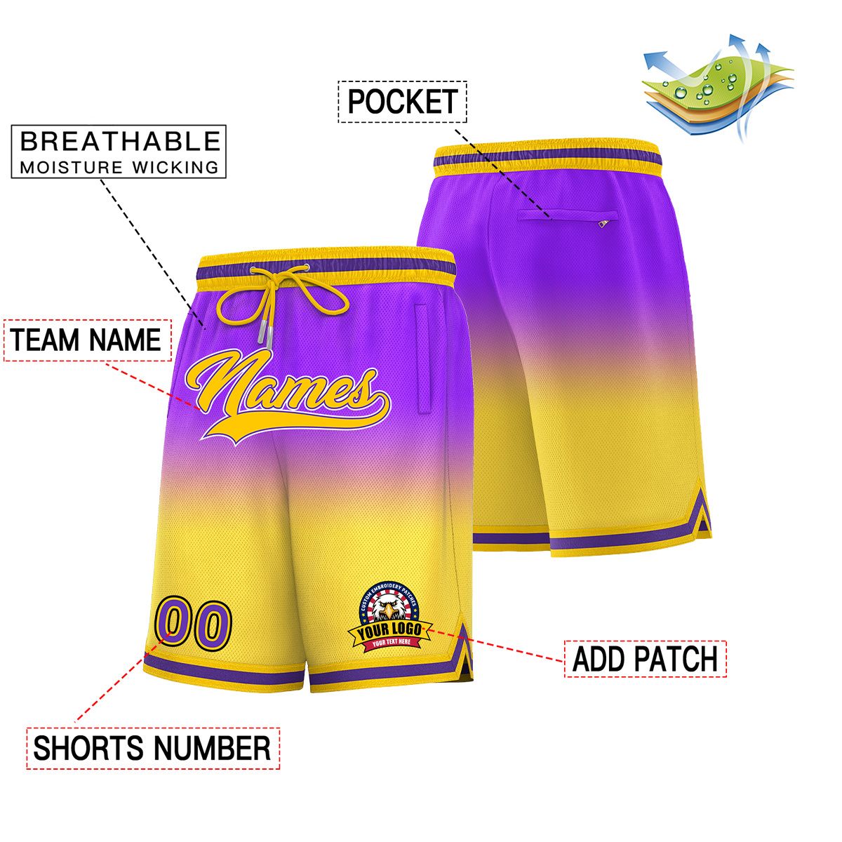 Custom Purple Yellow Personalized Gradient Fashion Basketball Shorts