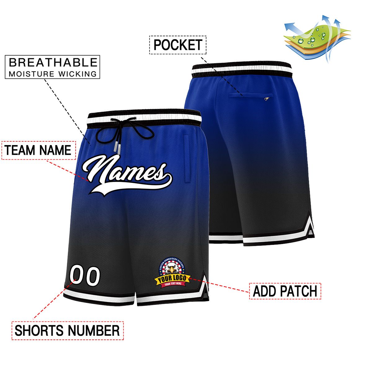 Custom Royal Black Personalized Gradient Fashion Basketball Shorts