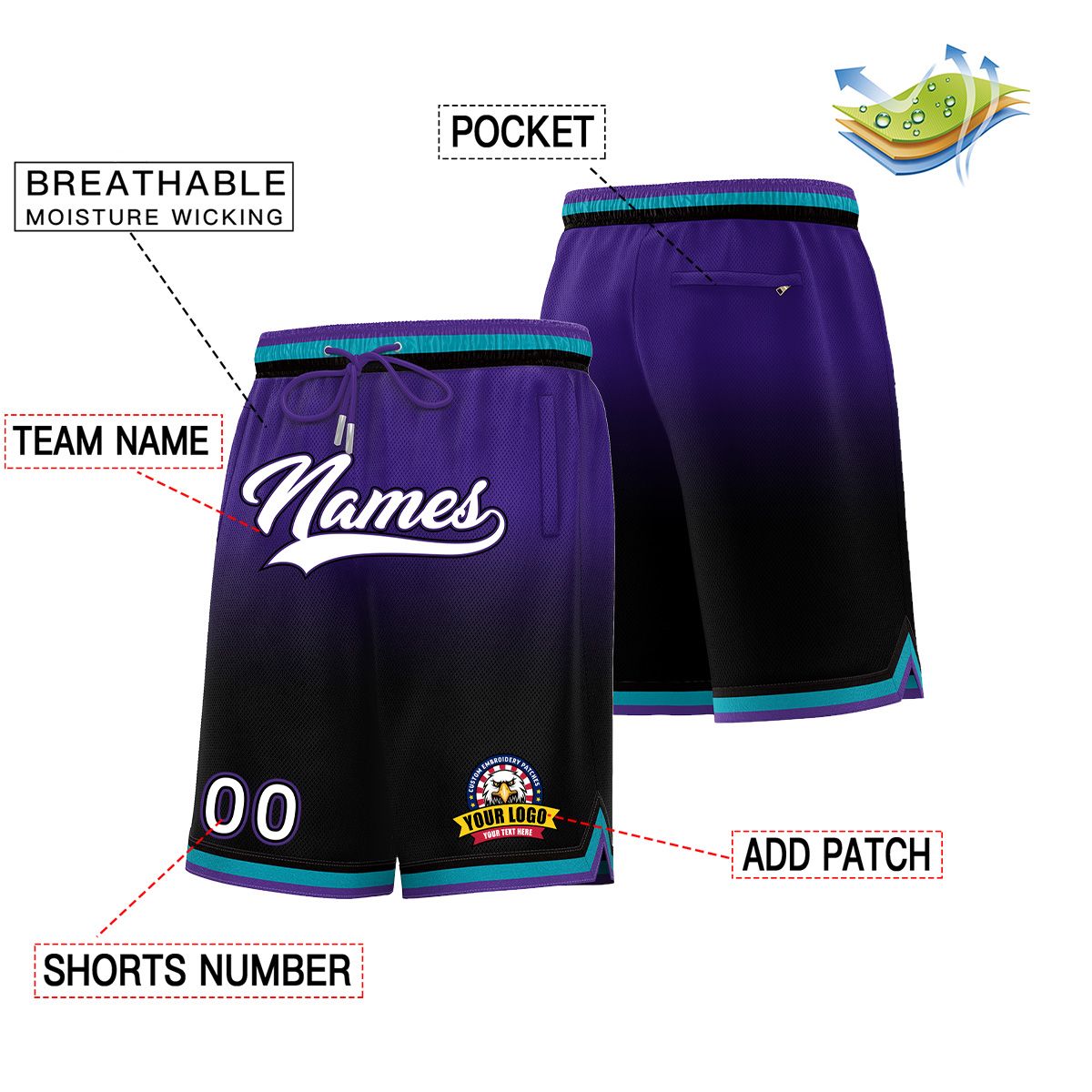 Custom Purple Black Personalized Gradient Fashion Basketball Shorts