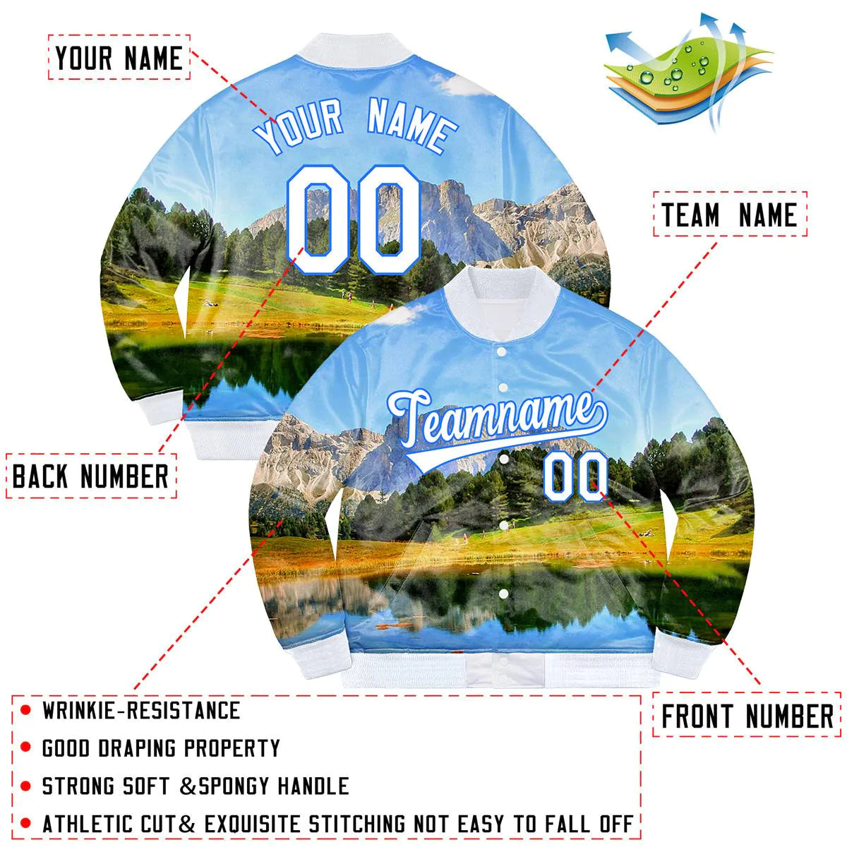 Custom White Powder Blue Mountain Peak Graffiti Pattern Bomber Varsity Jacket