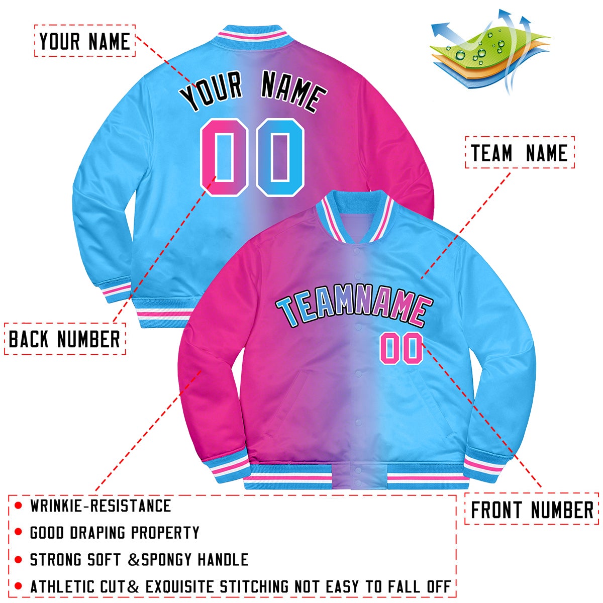Custom Powder Blue Pink-Black Two Tone Gradient Fashion Letterman Bomber Varsity Jacket