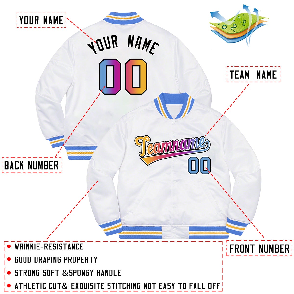 Custom White Powder Blue-Black Gradient Fashion Letterman Bomber Varsity Jacket