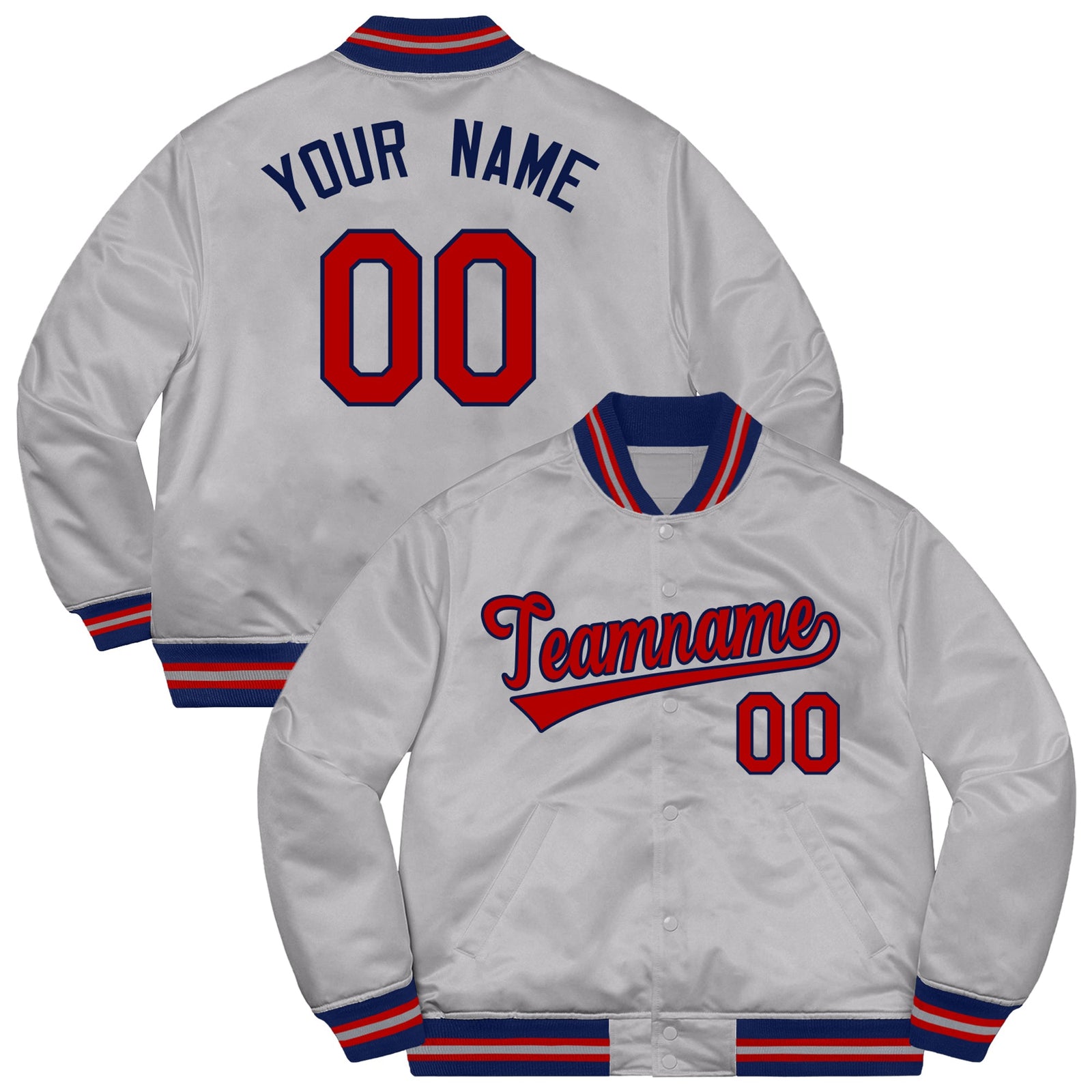 Custom Gray Red-Navy Letterman Solider Classic Style Varsity Full-Snap Jacket