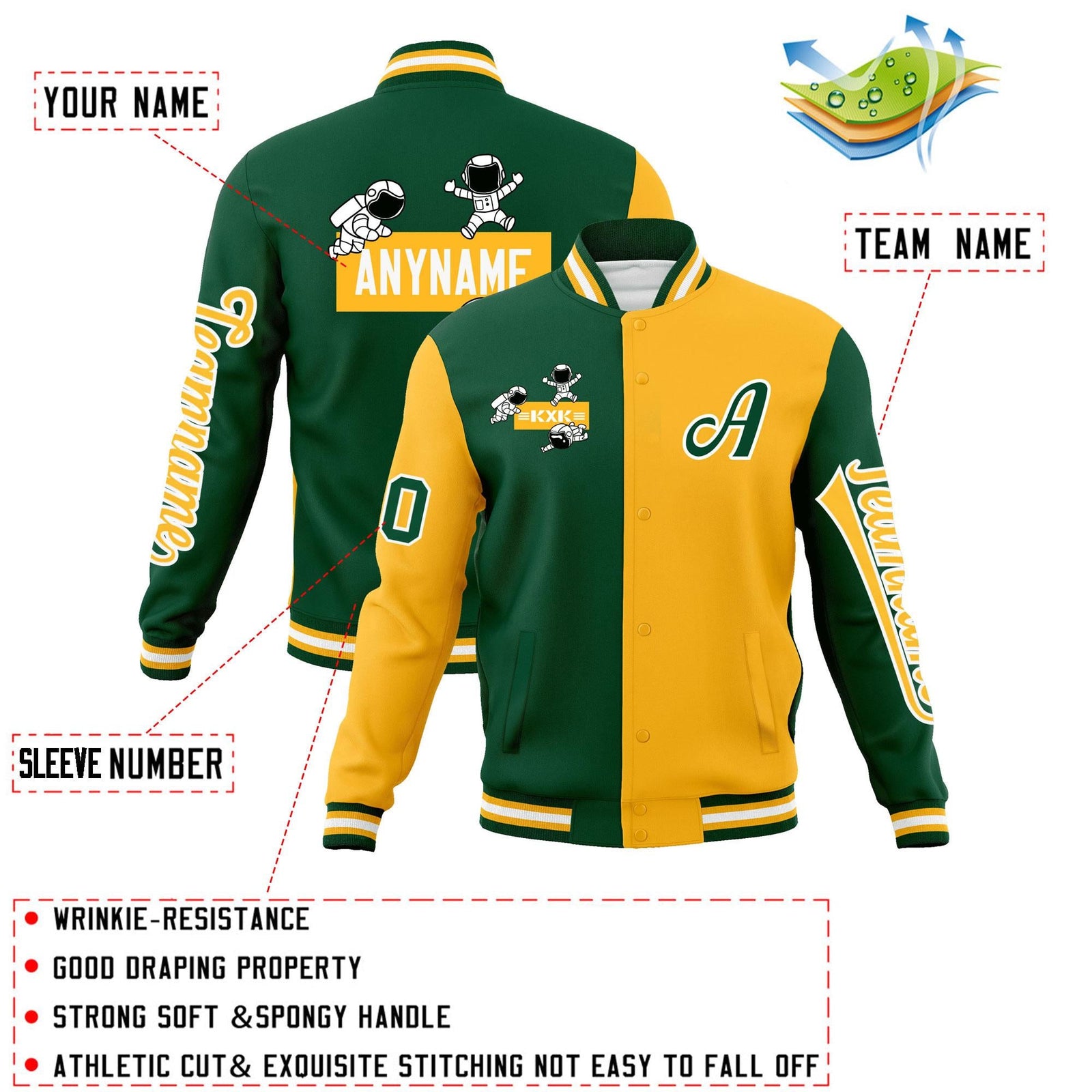 Custom Green Gold Two Tone Split Fashion Varsity Letterman Jacket with Raglan Sleeves