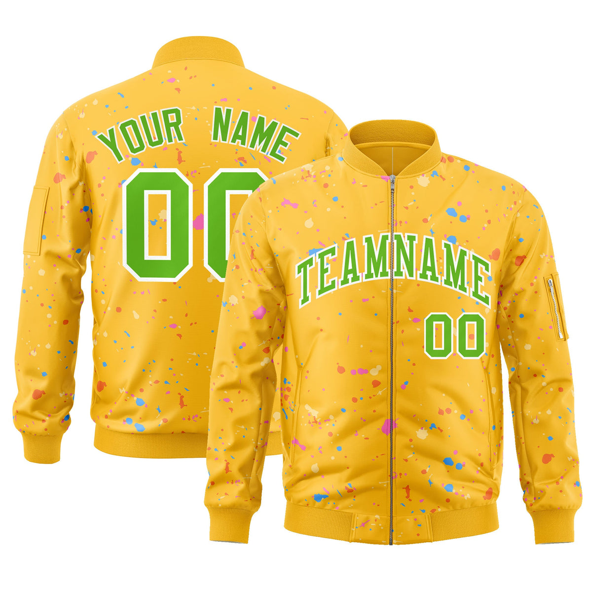 Custom Gold Green-White Varsity Full-Zip Splash Graffiti Pattern Letterman Jacket