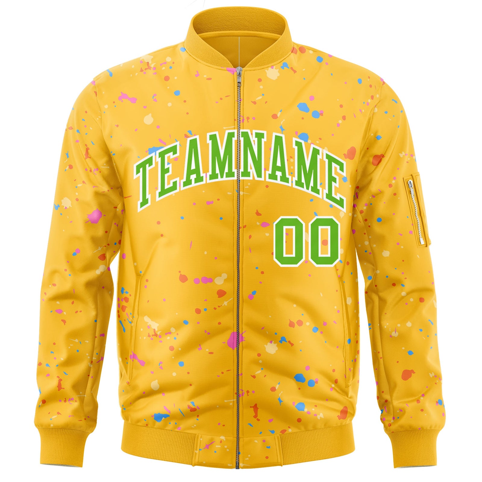 Custom Gold Green-White Varsity Full-Zip Splash Graffiti Pattern Letterman Jacket