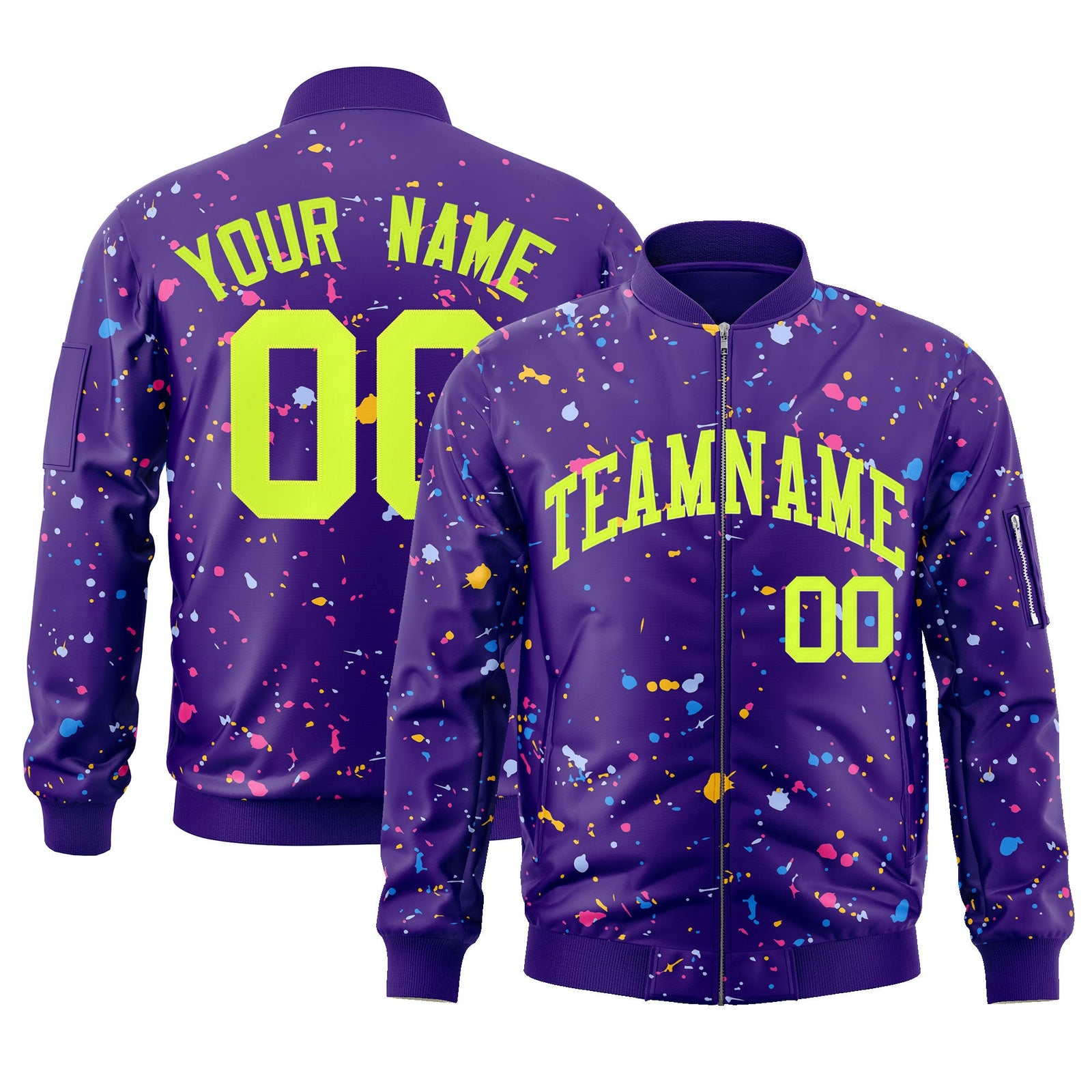 Custom Purple Neon Green Varsity Full-Zip Splash Graffiti Pattern Letterman Jacket