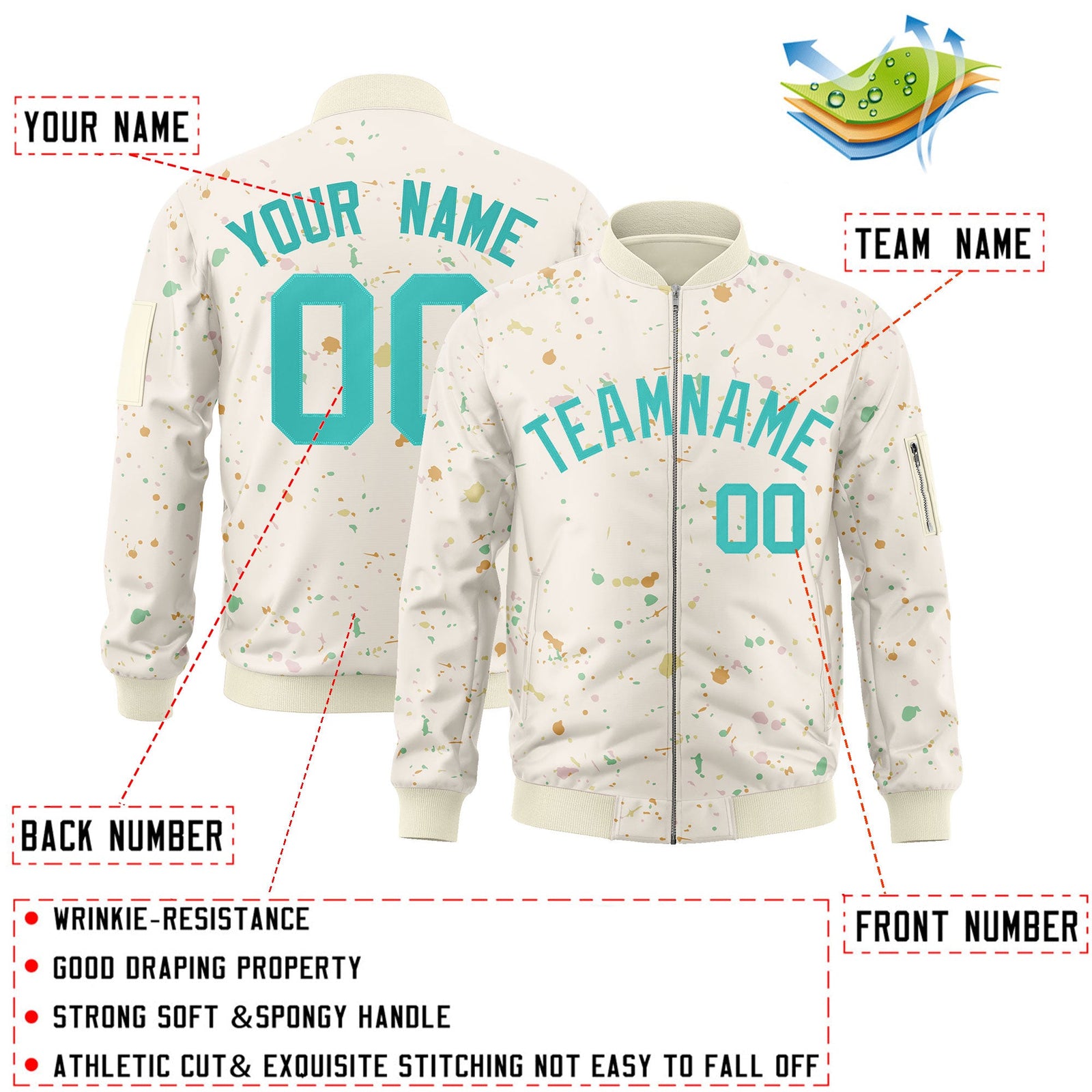 Custom Cream Aqua Varsity Full-Zip Splash Graffiti Pattern Letterman Jacket