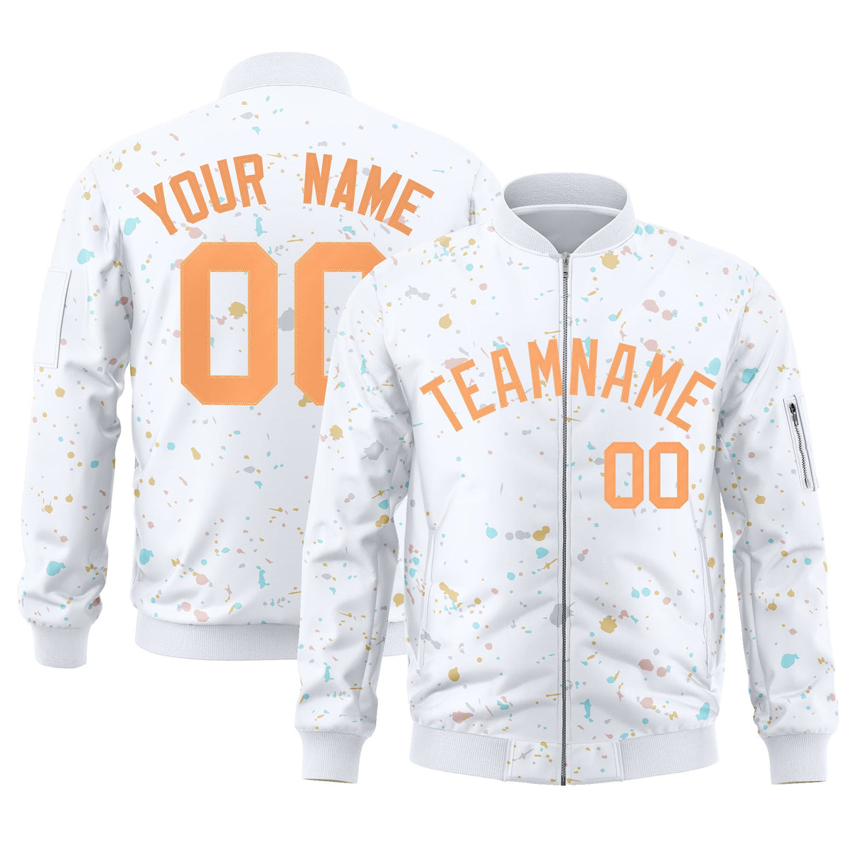 Custom White Orange Varsity Full-Zip Splash Graffiti Pattern Letterman Jacket