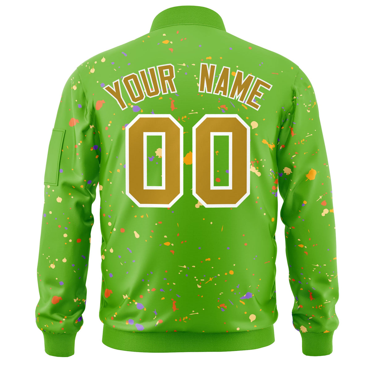 Custom Green Old Gold-White Varsity Full-Zip Splash Graffiti Pattern Letterman Jacket