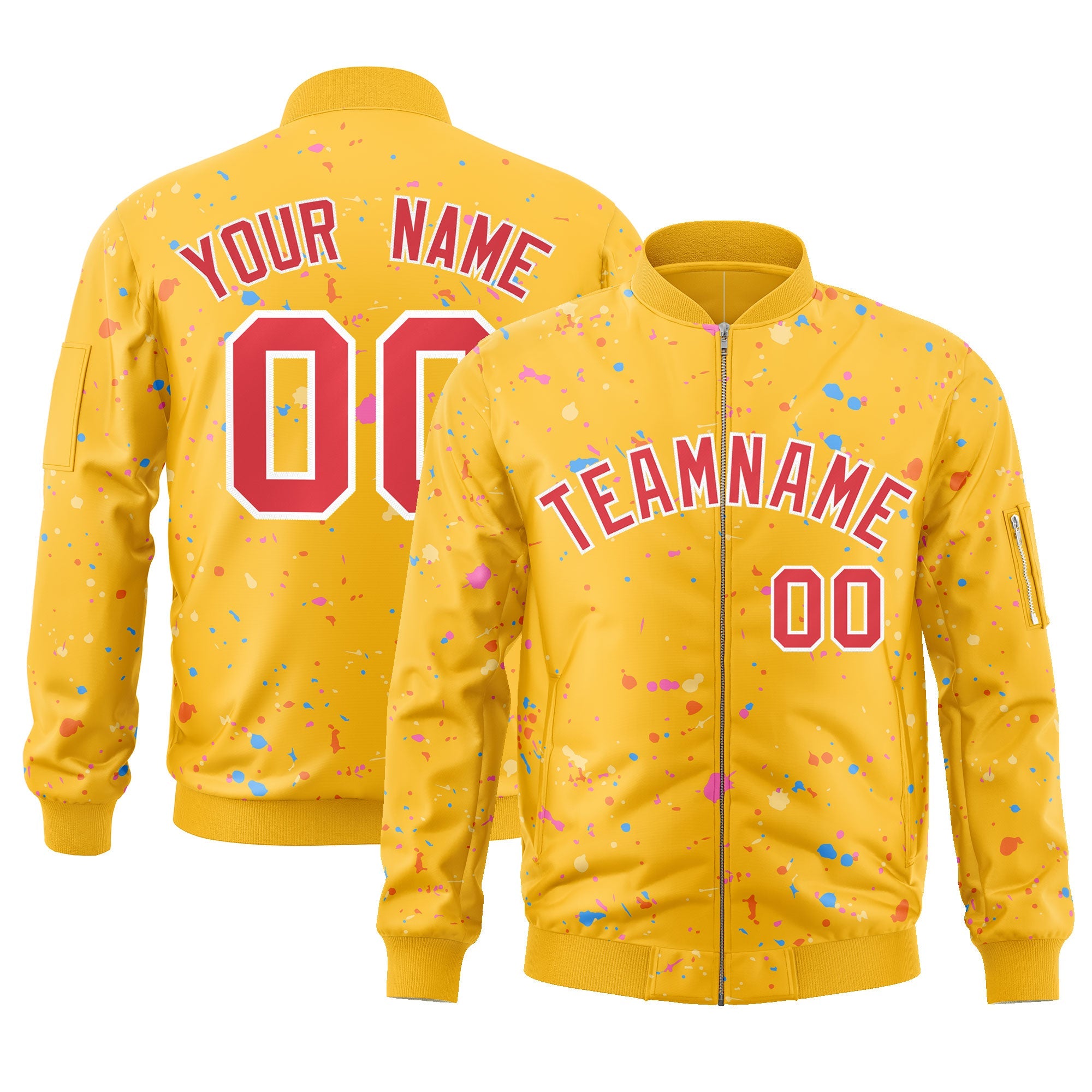 Custom Gold Red-White Varsity Full-Zip Splash Graffiti Pattern Letterman Jacket