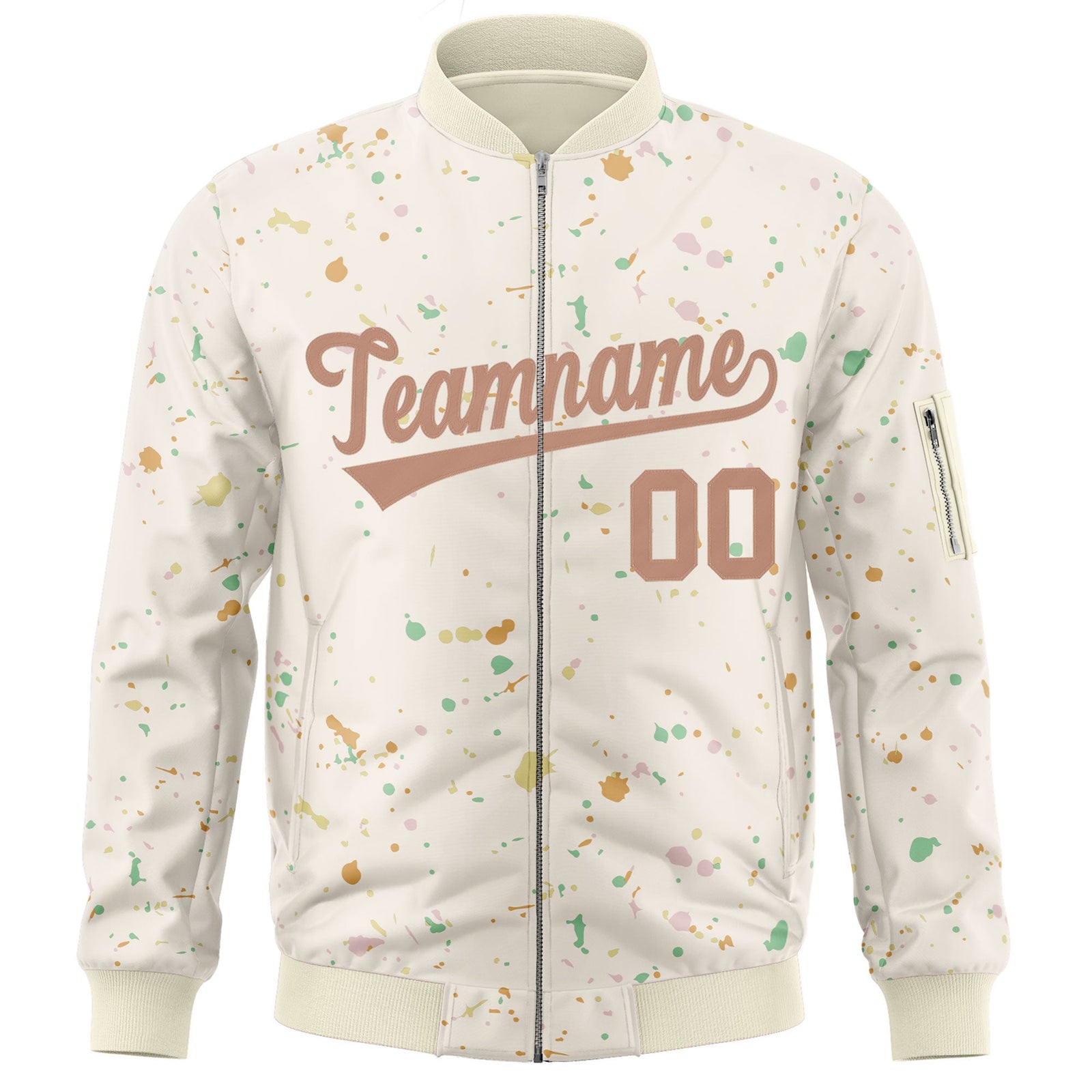 Custom Cream Brown Varsity Full-Zip Splash Graffiti Pattern Letterman Jacket